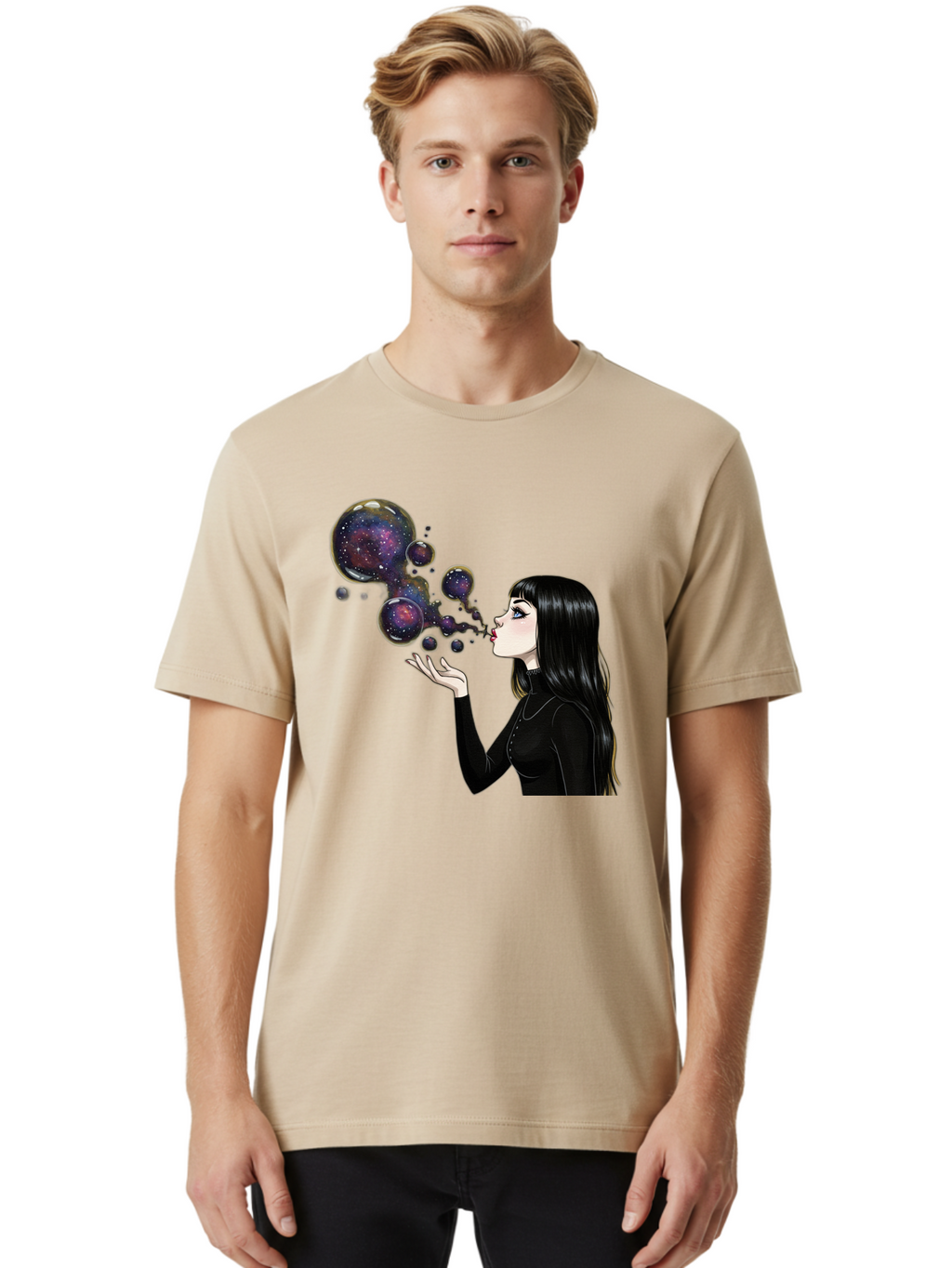 Girl-Blowing-Galaxy-Bubbles-1 Men'S Graphic Tee, 100% Cotton, Comfortable Casual Summer Wear, Machine Washable, Vintage Camera, Old Camera, Antique Camera, Black Camera, Classic Photography, Photography Equipment, Nostalgic Device, Bak684