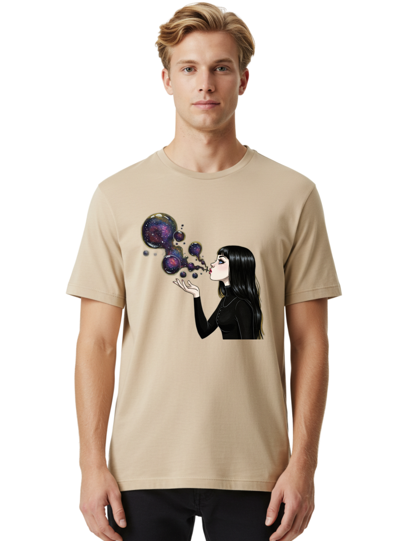 Girl-Blowing-Galaxy-Bubbles-1 Men'S Graphic Tee, 100% Cotton, Comfortable Casual Summer Wear, Machine Washable, Vintage Camera, Old Camera, Antique Camera, Black Camera, Classic Photography, Photography Equipment, Nostalgic Device, Bak684