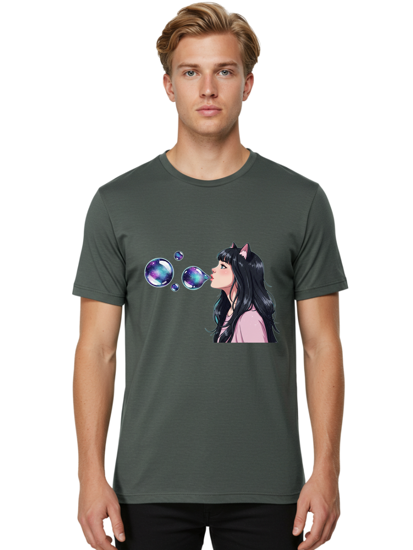 Girl-Blowing-Galaxy-Bubbles Men'S Graphic Tee, 100% Cotton, Comfortable Casual Summer Wear, Machine Washable, Vintage Camera, Old Camera, Antique Camera, Black Camera, Classic Photography, Photography Equipment, Nostalgic Device, Film Camera, Bak685