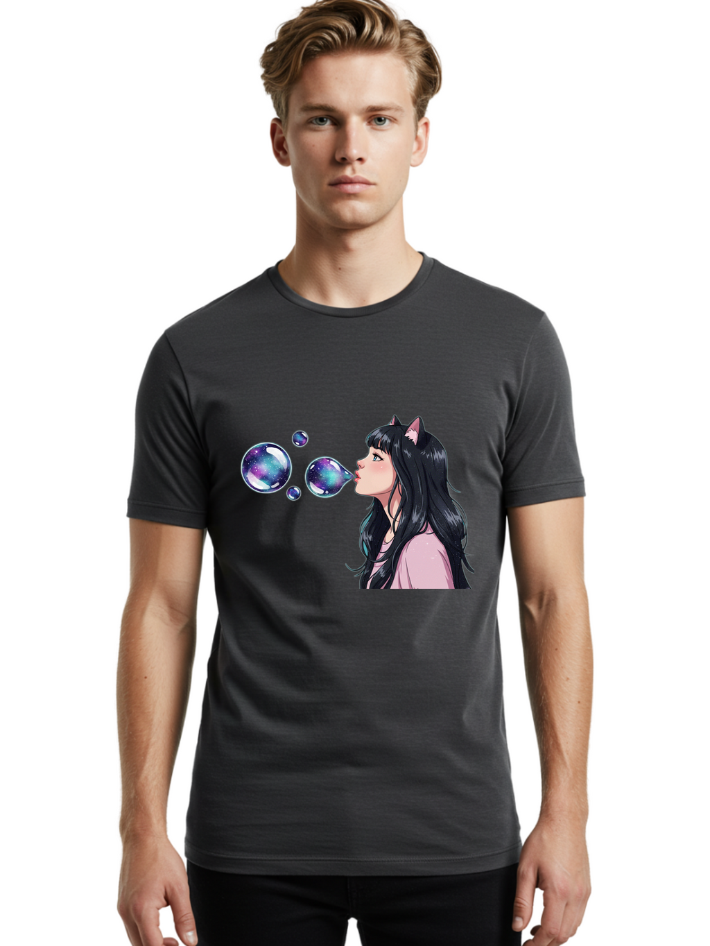 Girl-Blowing-Galaxy-Bubbles Men'S Graphic Tee, 100% Cotton, Comfortable Casual Summer Wear, Machine Washable, Vintage Camera, Old Camera, Antique Camera, Black Camera, Classic Photography, Photography Equipment, Nostalgic Device, Film Camera, Bak685