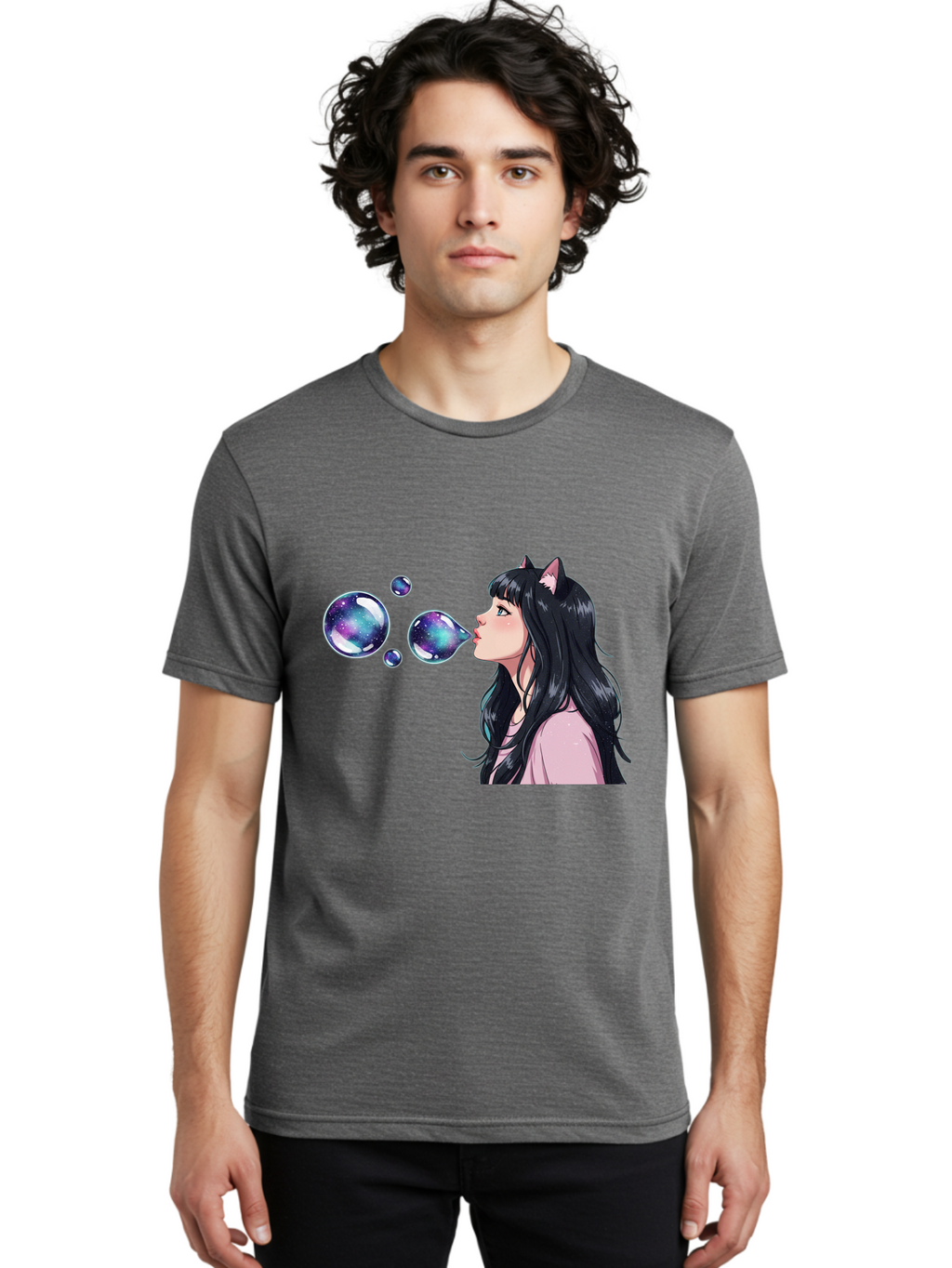 Girl-Blowing-Galaxy-Bubbles Men'S Graphic Tee, 100% Cotton, Comfortable Casual Summer Wear, Machine Washable, Vintage Camera, Old Camera, Antique Camera, Black Camera, Classic Photography, Photography Equipment, Nostalgic Device, Film Camera, Bak685