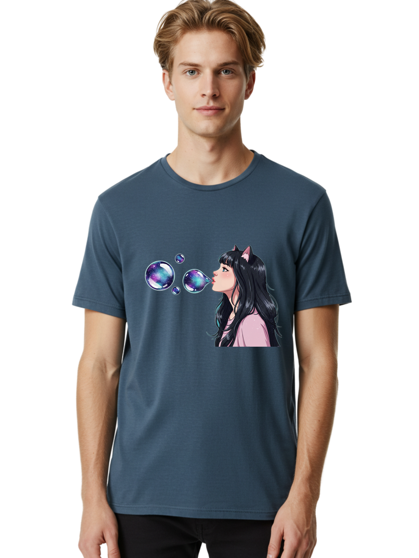 Girl-Blowing-Galaxy-Bubbles Men'S Graphic Tee, 100% Cotton, Comfortable Casual Summer Wear, Machine Washable, Vintage Camera, Old Camera, Antique Camera, Black Camera, Classic Photography, Photography Equipment, Nostalgic Device, Film Camera, Bak685