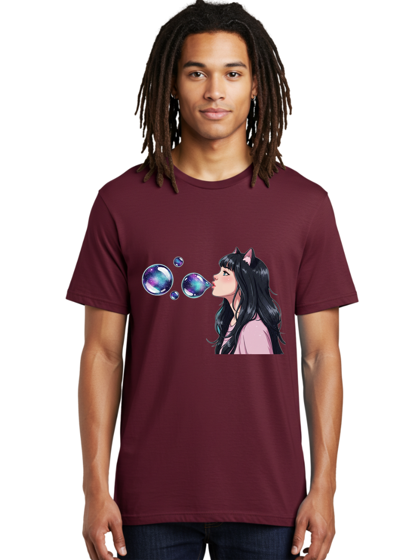 Girl-Blowing-Galaxy-Bubbles Men'S Graphic Tee, 100% Cotton, Comfortable Casual Summer Wear, Machine Washable, Vintage Camera, Old Camera, Antique Camera, Black Camera, Classic Photography, Photography Equipment, Nostalgic Device, Film Camera, Bak685