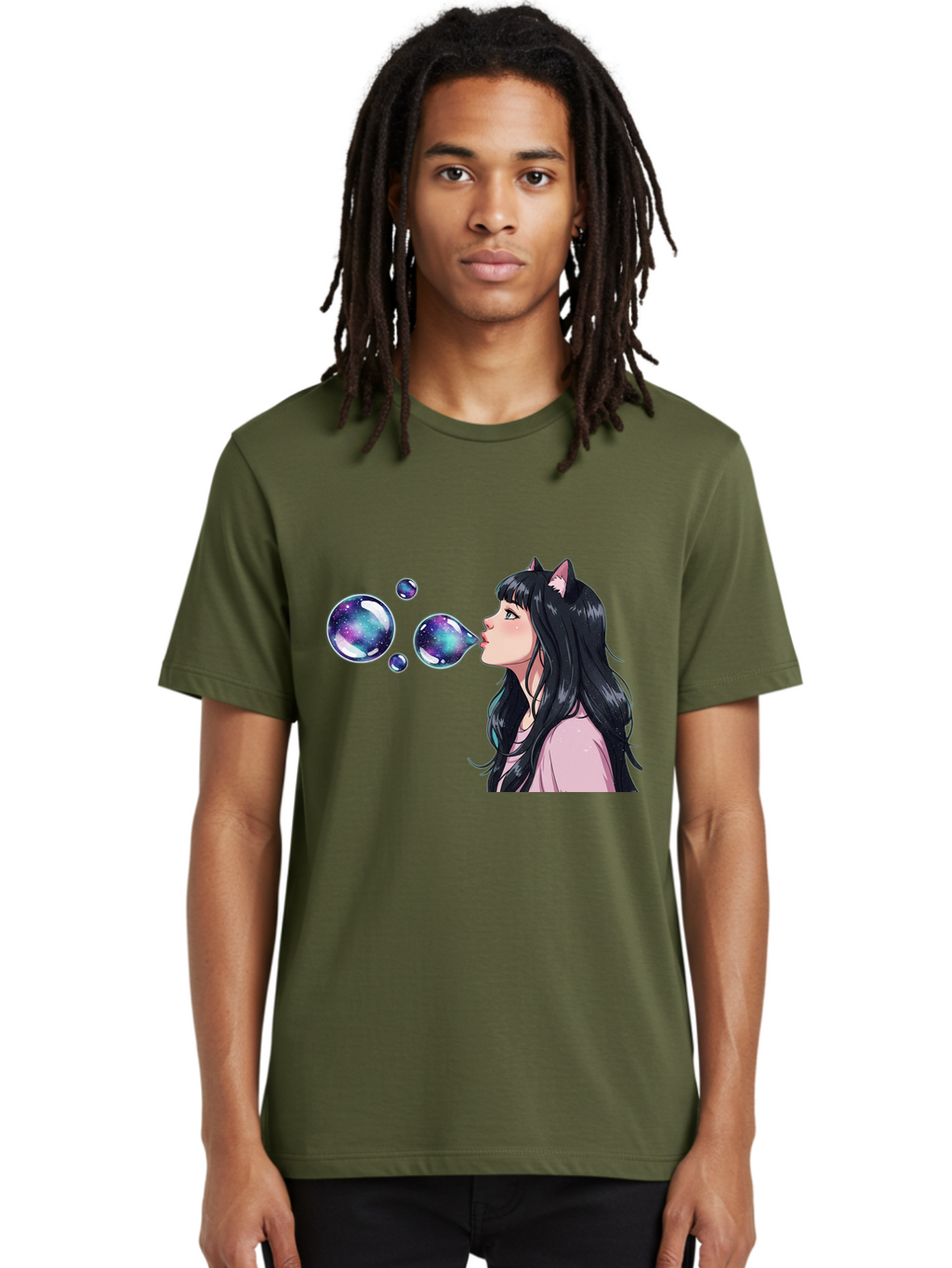Girl-Blowing-Galaxy-Bubbles Men'S Graphic Tee, 100% Cotton, Comfortable Casual Summer Wear, Machine Washable, Vintage Camera, Old Camera, Antique Camera, Black Camera, Classic Photography, Photography Equipment, Nostalgic Device, Film Camera, Bak685