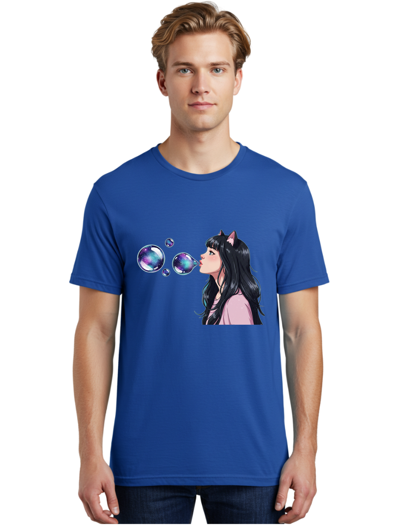 Girl-Blowing-Galaxy-Bubbles Men'S Graphic Tee, 100% Cotton, Comfortable Casual Summer Wear, Machine Washable, Vintage Camera, Old Camera, Antique Camera, Black Camera, Classic Photography, Photography Equipment, Nostalgic Device, Film Camera, Bak685