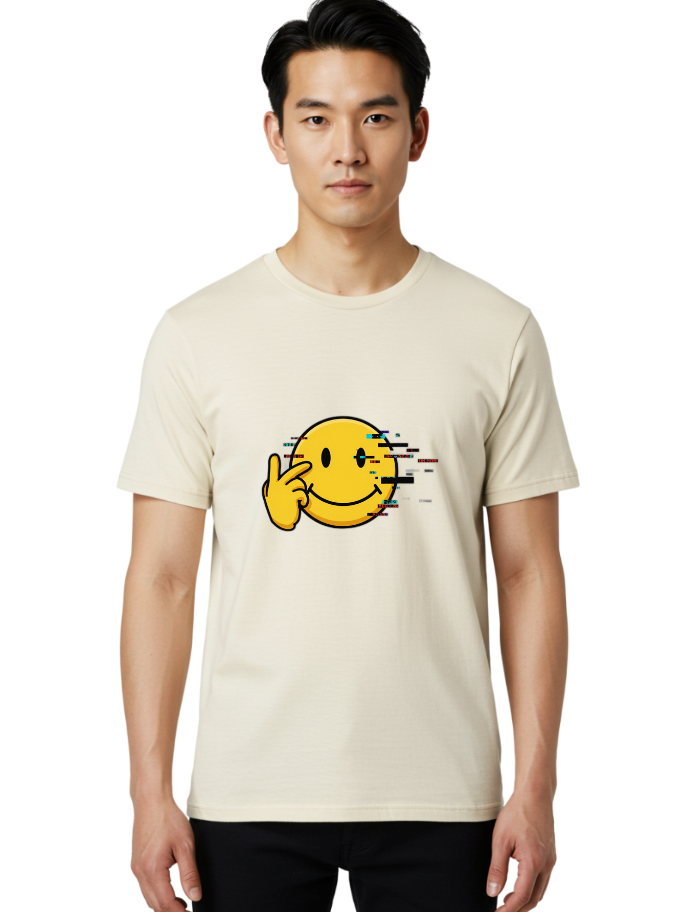 Glitch-Smiley Men'S Graphic Tee, 100% Cotton, Comfortable Casual Summer Wear, Machine Washable, Vintage Camera, Old Camera, Antique Camera, Black Camera, Classic Photography, Photography Equipment, Nostalgic Device, Film Camera, Camera Art Bak695