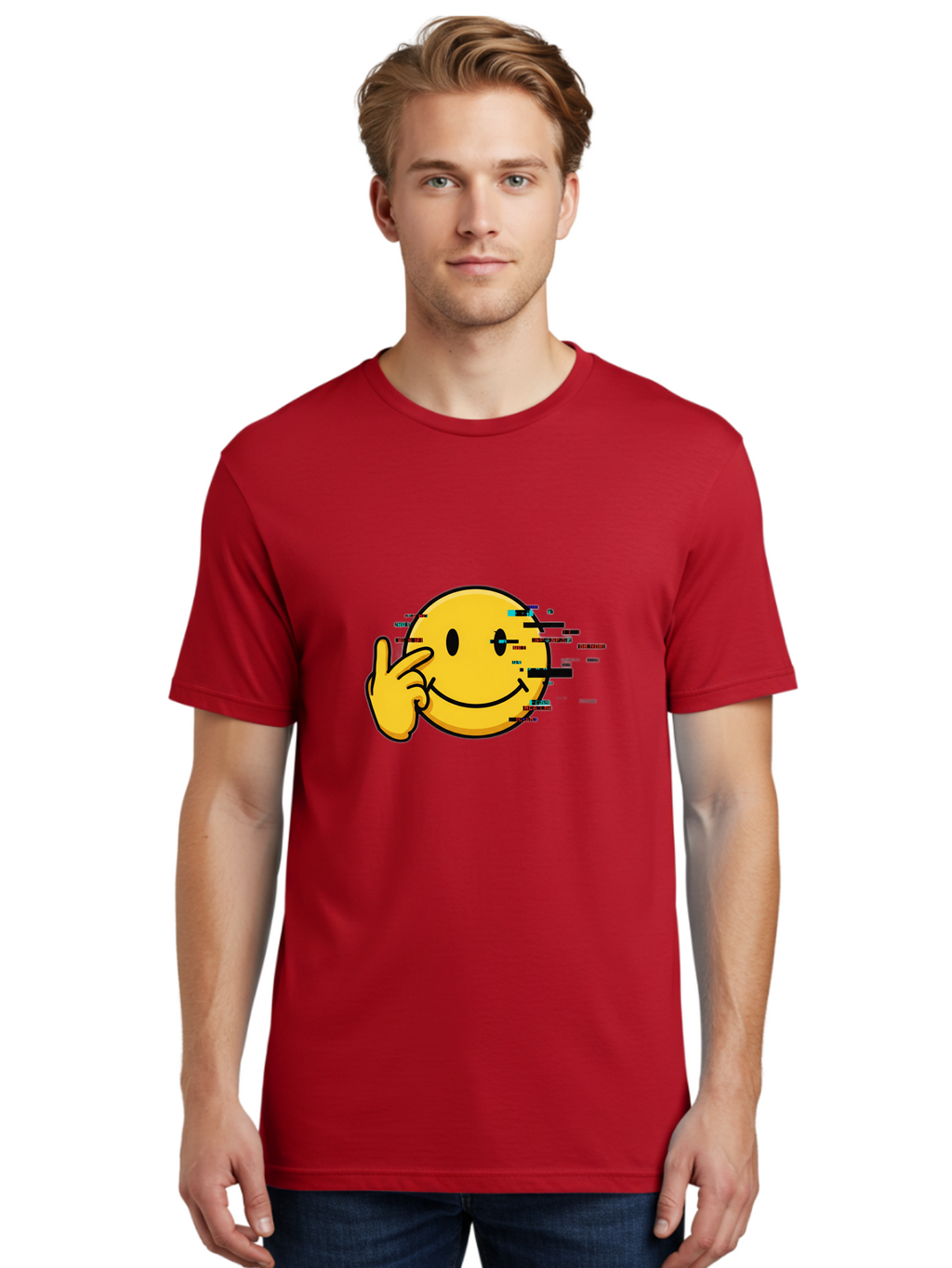 Glitch-Smiley Men'S Graphic Tee, 100% Cotton, Comfortable Casual Summer Wear, Machine Washable, Vintage Camera, Old Camera, Antique Camera, Black Camera, Classic Photography, Photography Equipment, Nostalgic Device, Film Camera, Camera Art Bak695