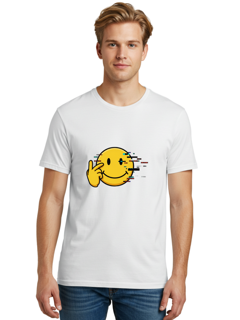Glitch-Smiley Men'S Graphic Tee, 100% Cotton, Comfortable Casual Summer Wear, Machine Washable, Vintage Camera, Old Camera, Antique Camera, Black Camera, Classic Photography, Photography Equipment, Nostalgic Device, Film Camera, Camera Art Bak695