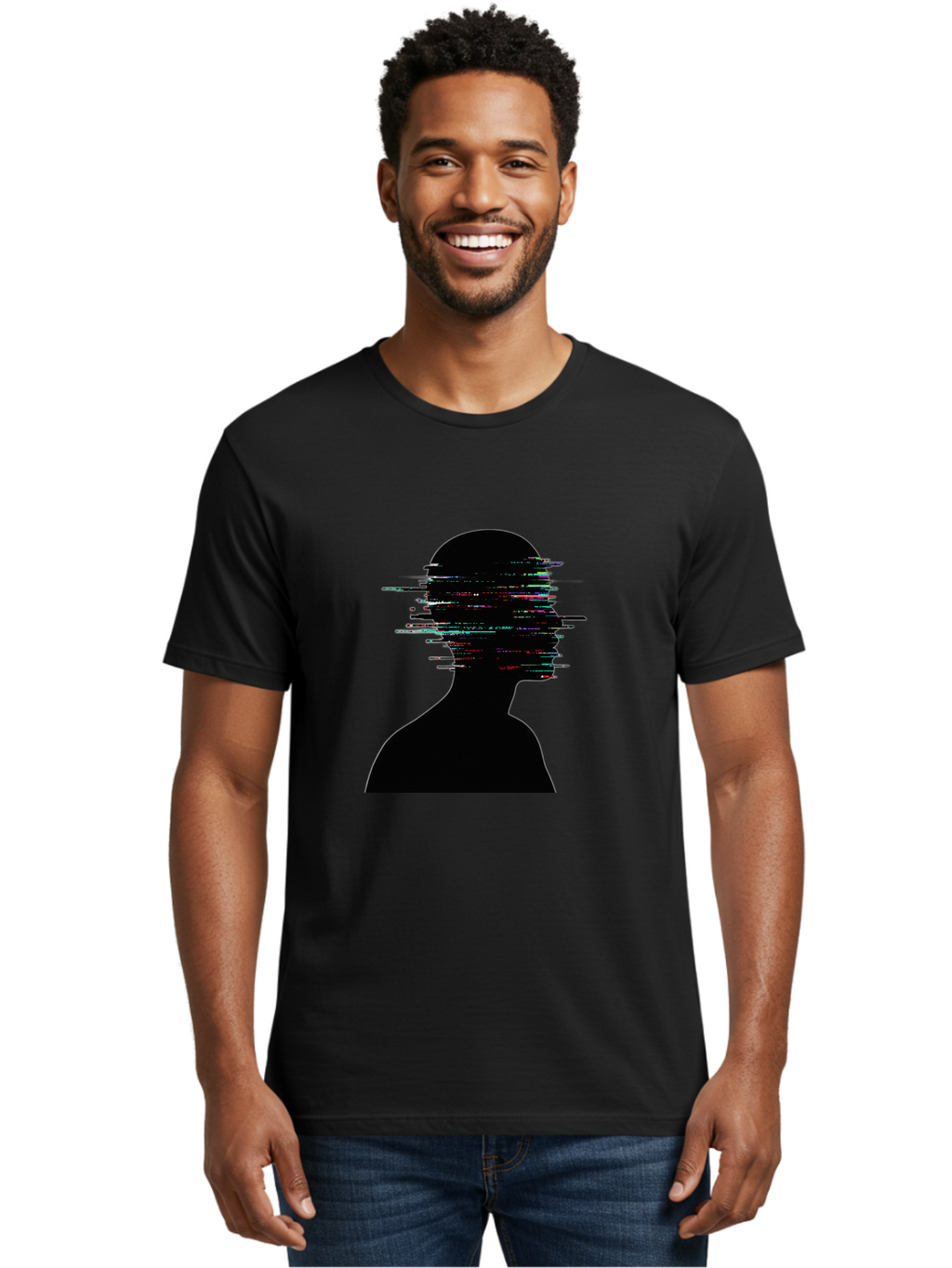 Glitching-Human-Silhouette Men'S Graphic Tee, 100% Cotton, Comfortable Casual Summer Wear, Machine Washable, Vintage Camera, Old Camera, Antique Camera, Black Camera, Classic Photography, Photography Equipment, Nostalgic Device, Film Camera, Bak696