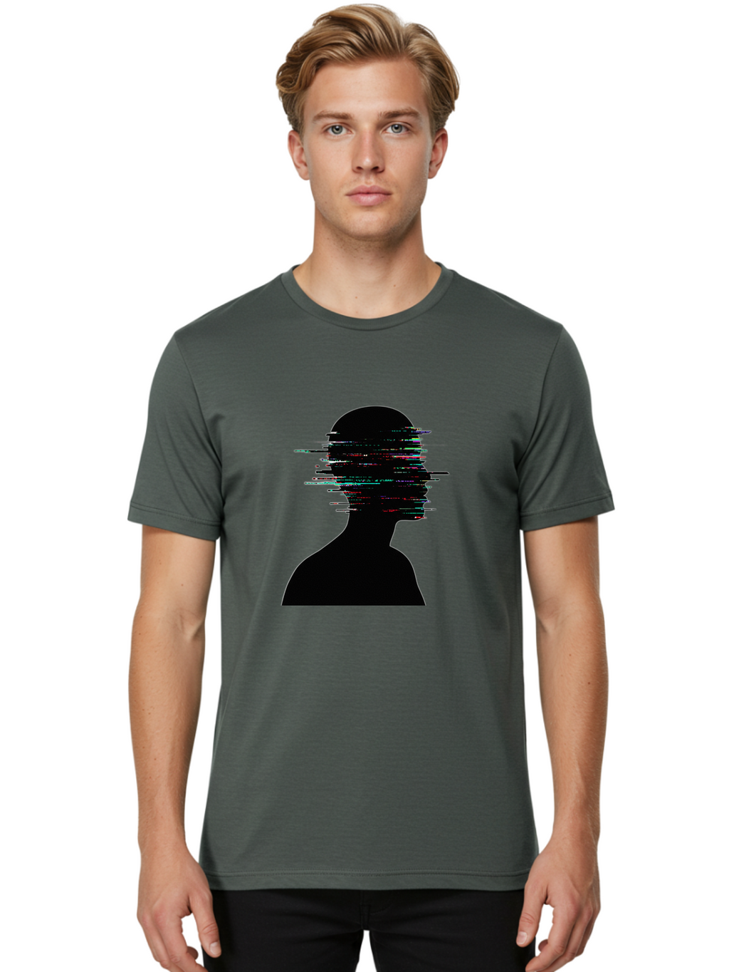Glitching-Human-Silhouette Men'S Graphic Tee, 100% Cotton, Comfortable Casual Summer Wear, Machine Washable, Vintage Camera, Old Camera, Antique Camera, Black Camera, Classic Photography, Photography Equipment, Nostalgic Device, Film Camera, Bak696