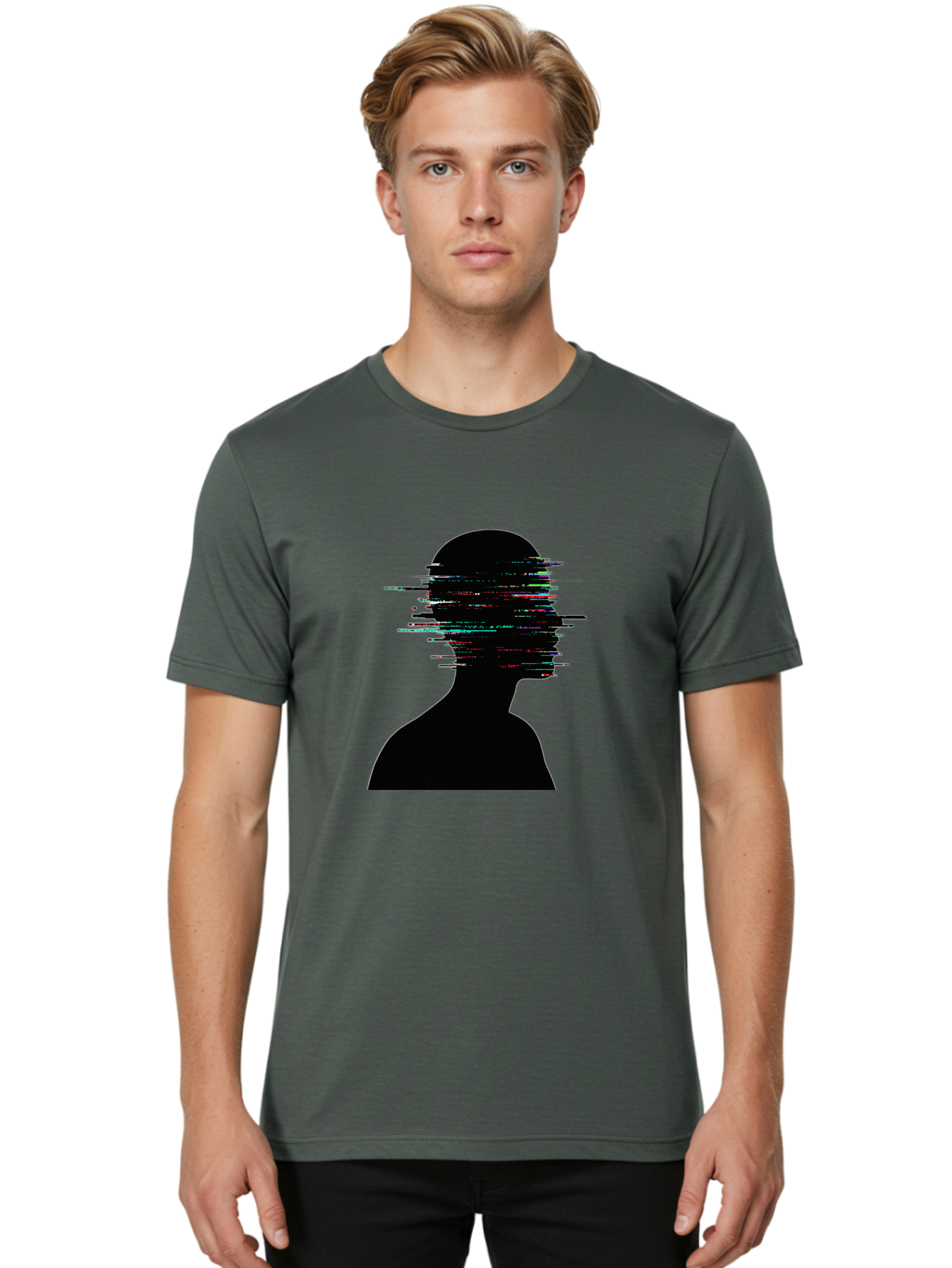 Glitching-Human-Silhouette Men'S Graphic Tee, 100% Cotton, Comfortable Casual Summer Wear, Machine Washable, Vintage Camera, Old Camera, Antique Camera, Black Camera, Classic Photography, Photography Equipment, Nostalgic Device, Film Camera, Bak696