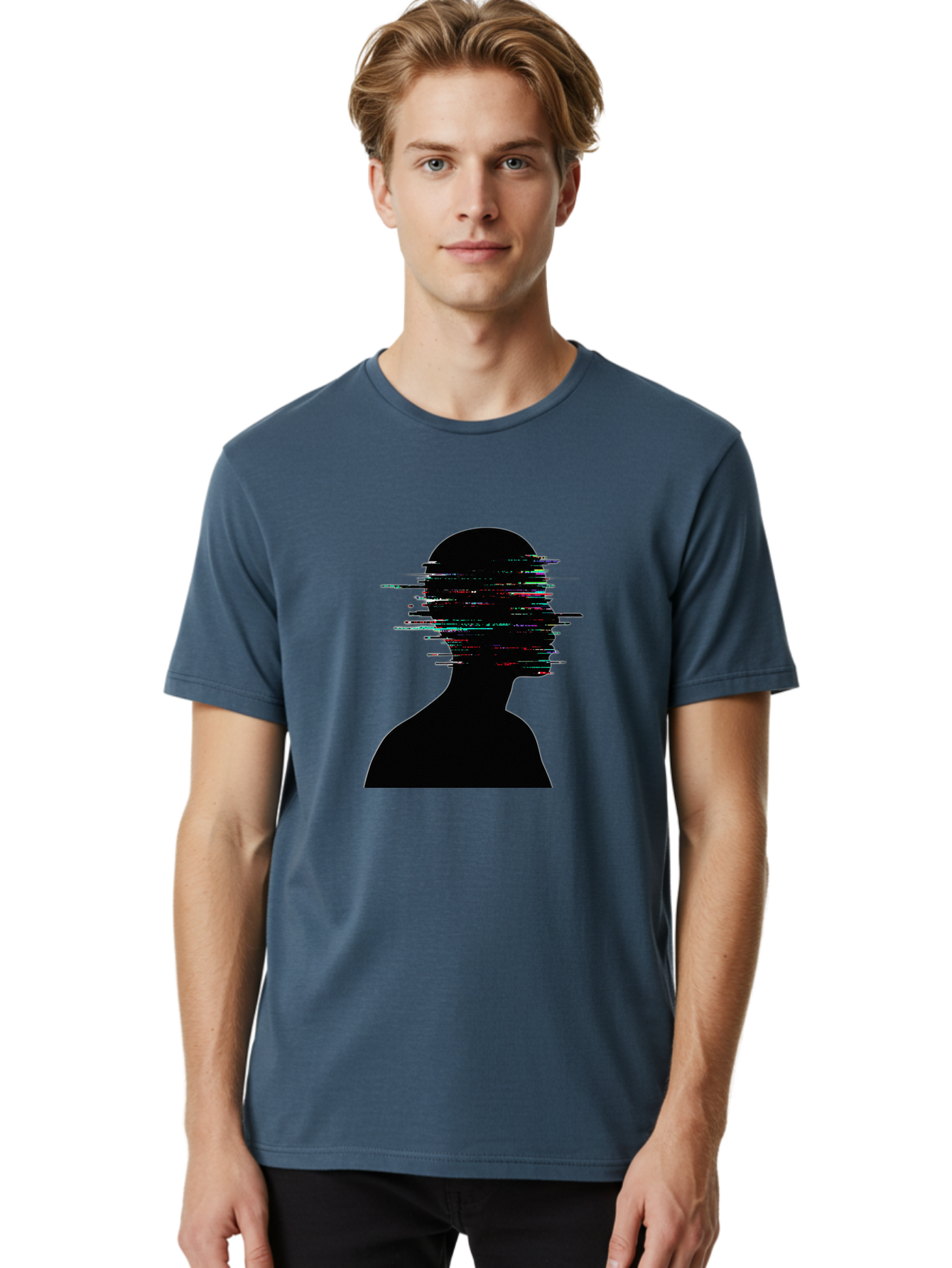 Glitching-Human-Silhouette Men'S Graphic Tee, 100% Cotton, Comfortable Casual Summer Wear, Machine Washable, Vintage Camera, Old Camera, Antique Camera, Black Camera, Classic Photography, Photography Equipment, Nostalgic Device, Film Camera, Bak696