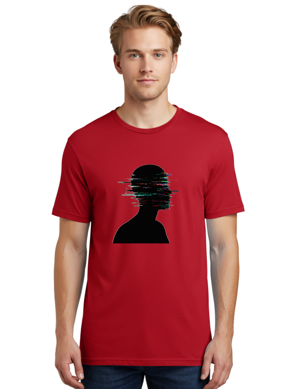 Glitching-Human-Silhouette Men'S Graphic Tee, 100% Cotton, Comfortable Casual Summer Wear, Machine Washable, Vintage Camera, Old Camera, Antique Camera, Black Camera, Classic Photography, Photography Equipment, Nostalgic Device, Film Camera, Bak696