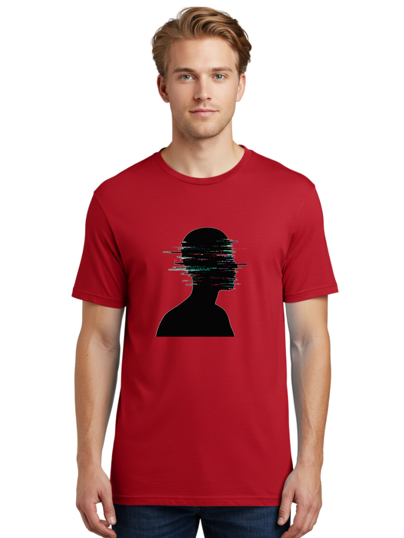 Glitching-Human-Silhouette Men'S Graphic Tee, 100% Cotton, Comfortable Casual Summer Wear, Machine Washable, Vintage Camera, Old Camera, Antique Camera, Black Camera, Classic Photography, Photography Equipment, Nostalgic Device, Film Camera, Bak696