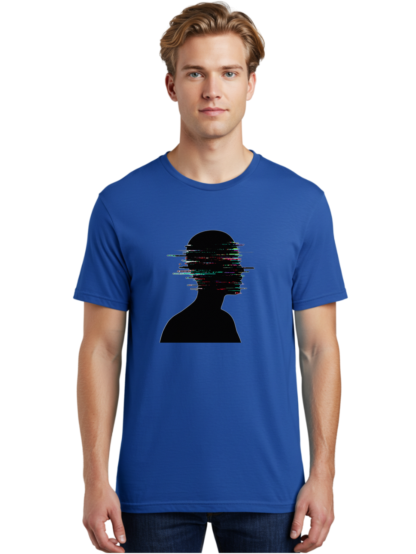 Glitching-Human-Silhouette Men'S Graphic Tee, 100% Cotton, Comfortable Casual Summer Wear, Machine Washable, Vintage Camera, Old Camera, Antique Camera, Black Camera, Classic Photography, Photography Equipment, Nostalgic Device, Film Camera, Bak696