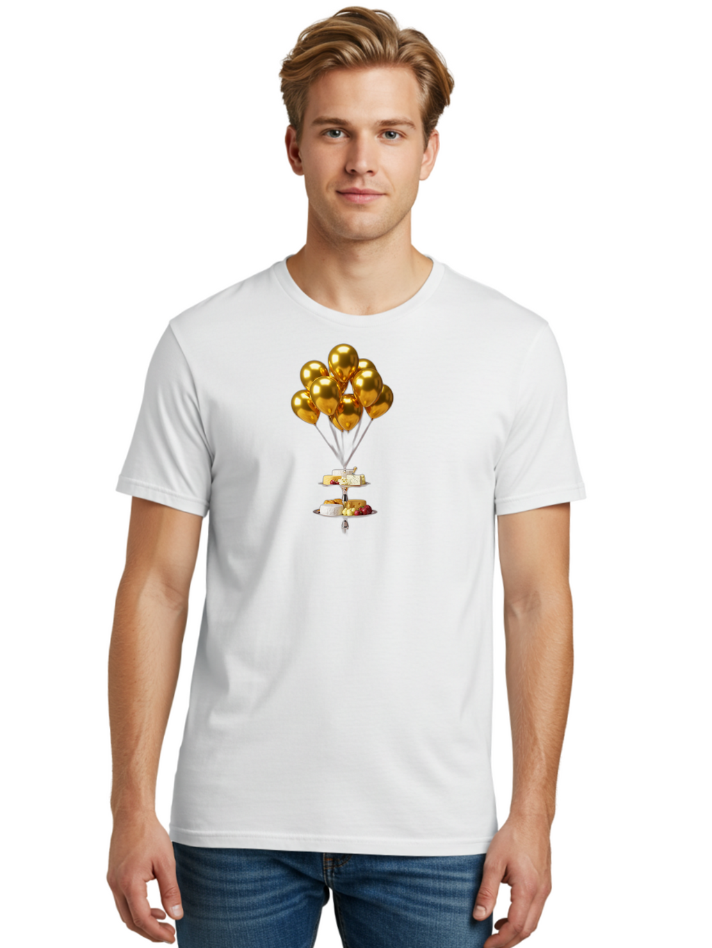 Gold-Balloons-Cake-Stand-Dessert Men'S Graphic Tee, 100% Cotton, Comfortable Casual Summer Wear, Machine Washable, Vintage Camera, Old Camera, Antique Camera, Black Camera, Classic Photography, Photography Equipment, Nostalgic Device, Bak705