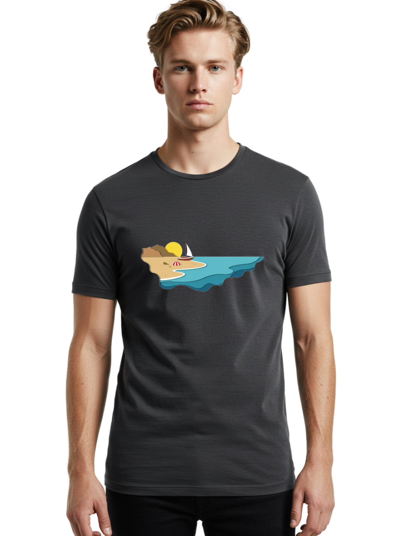 Island-With-Sailboat Men'S Graphic Tee, 100% Cotton, Comfortable Casual Summer Wear, Machine Washable, Vintage Camera, Old Camera, Antique Camera, Black Camera, Classic Photography, Photography Equipment, Nostalgic Device, Film Camera, Bak771