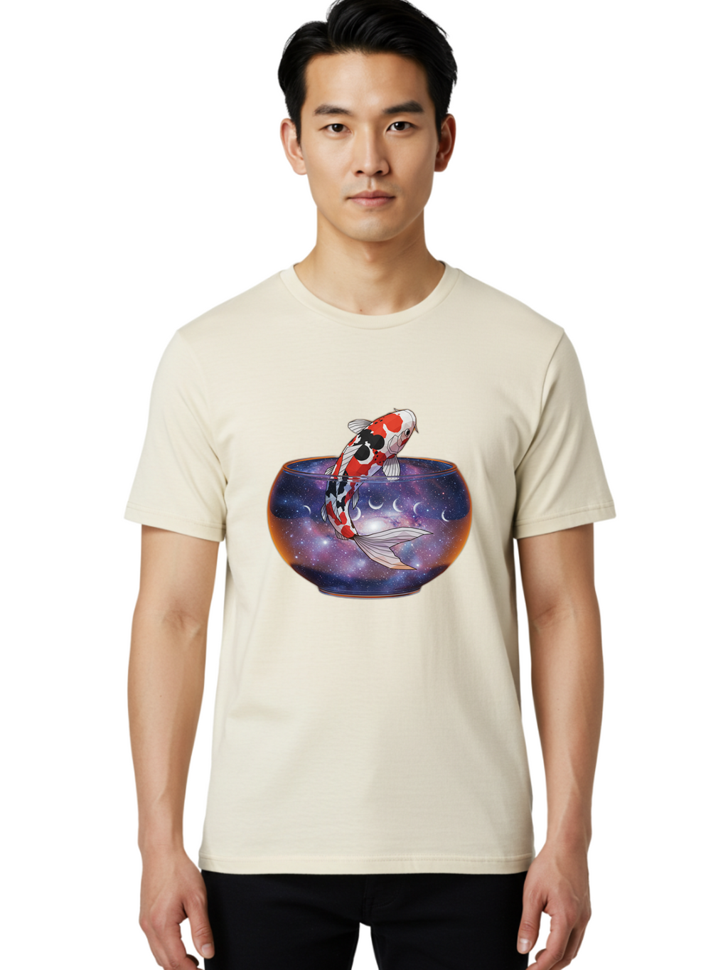 Koi-Fish-In-Galaxy-Bowl-1 Men'S Graphic Tee, 100% Cotton, Comfortable Casual Summer Wear, Machine Washable, Vintage Camera, Old Camera, Antique Camera, Black Camera, Classic Photography, Photography Equipment, Nostalgic Device, Film Camera, Bak793
