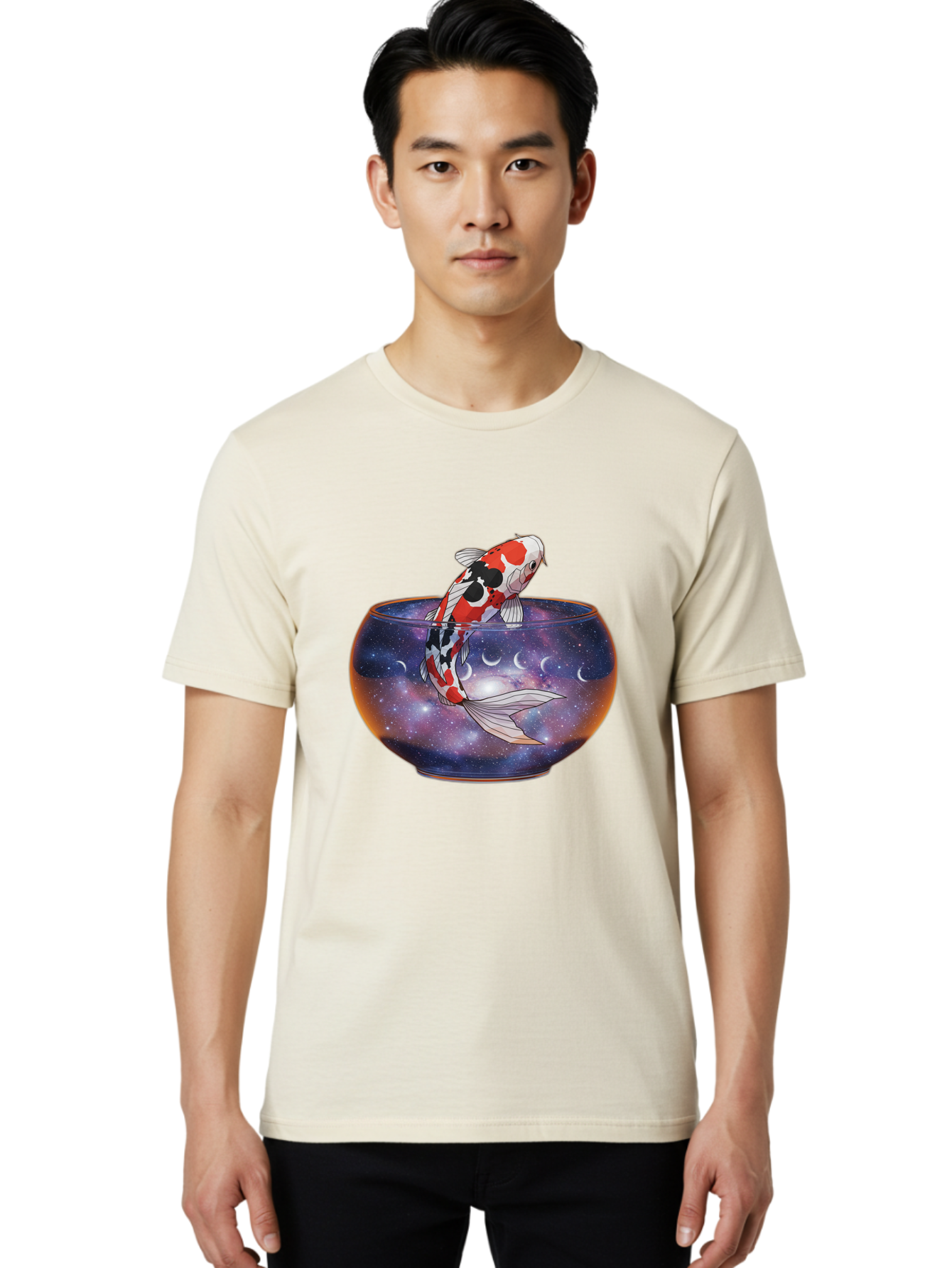 Koi-Fish-In-Galaxy-Bowl-1 Men'S Graphic Tee, 100% Cotton, Comfortable Casual Summer Wear, Machine Washable, Vintage Camera, Old Camera, Antique Camera, Black Camera, Classic Photography, Photography Equipment, Nostalgic Device, Film Camera, Bak793