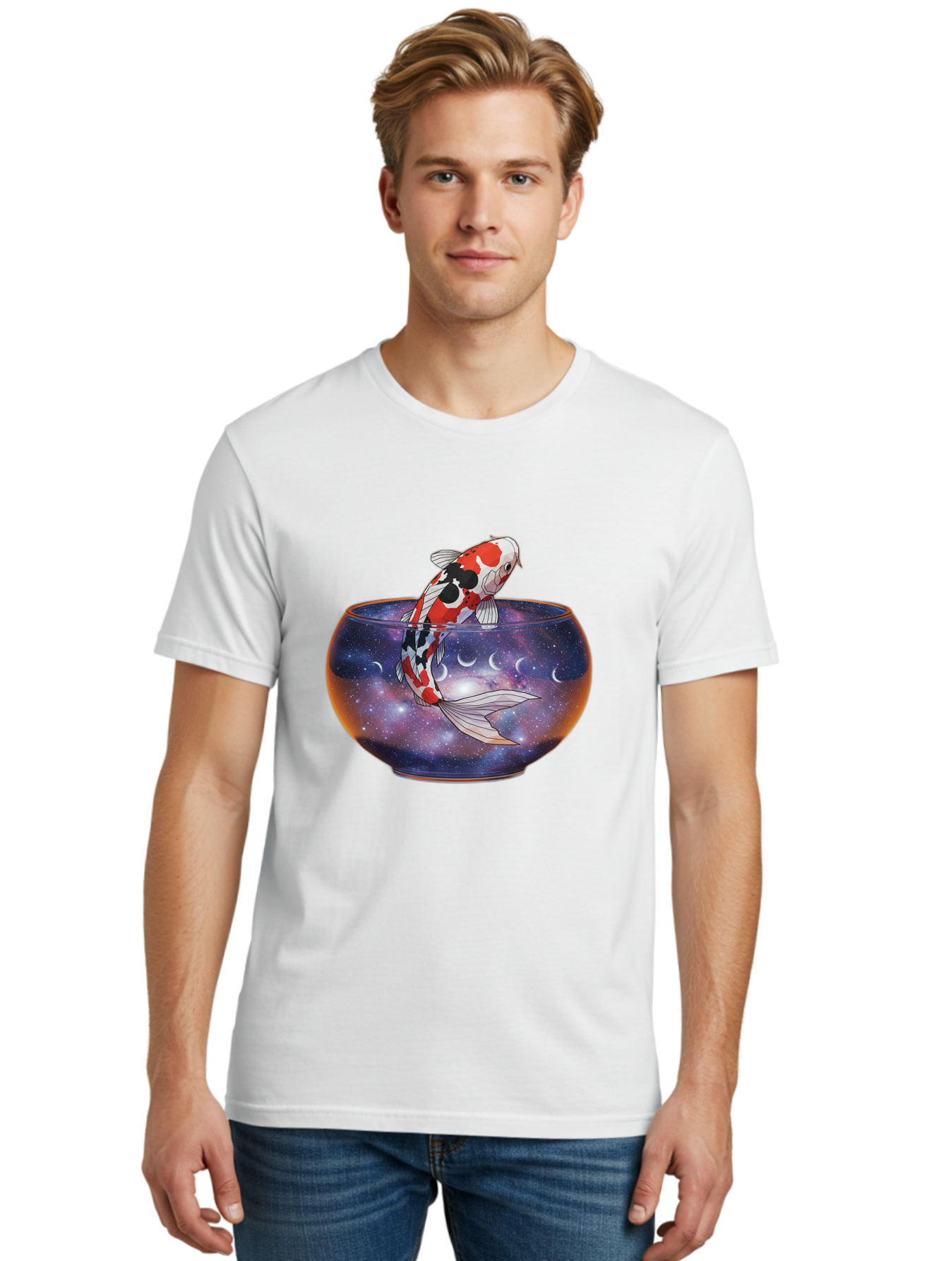 Koi-Fish-In-Galaxy-Bowl-1 Men'S Graphic Tee, 100% Cotton, Comfortable Casual Summer Wear, Machine Washable, Vintage Camera, Old Camera, Antique Camera, Black Camera, Classic Photography, Photography Equipment, Nostalgic Device, Film Camera, Bak793