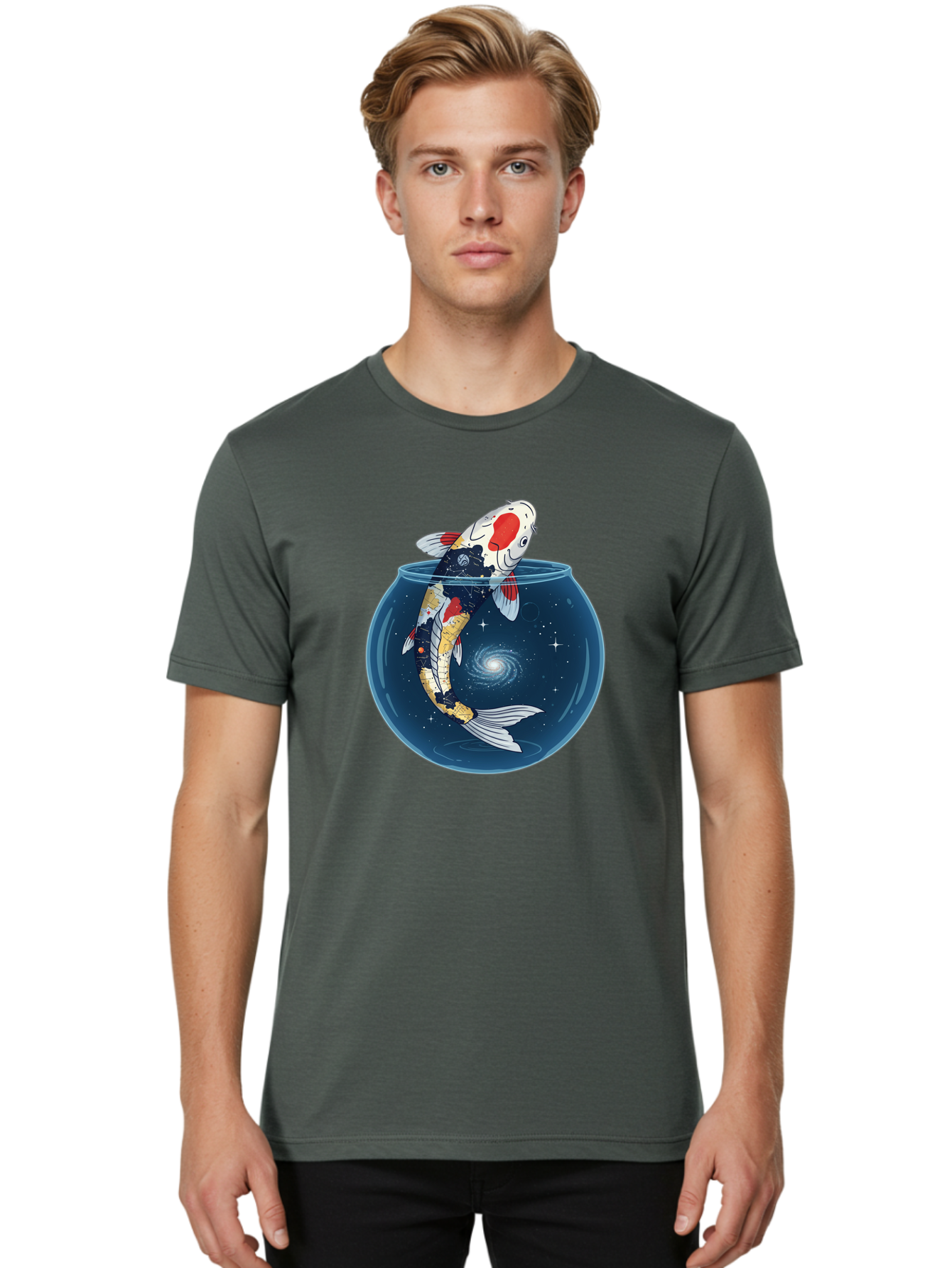 Koi-Fish-In-Galaxy-Bowl Men'S Graphic Tee, 100% Cotton, Comfortable Casual Summer Wear, Machine Washable, Vintage Camera, Old Camera, Antique Camera, Black Camera, Classic Photography, Photography Equipment, Nostalgic Device, Film Camera, Bak794