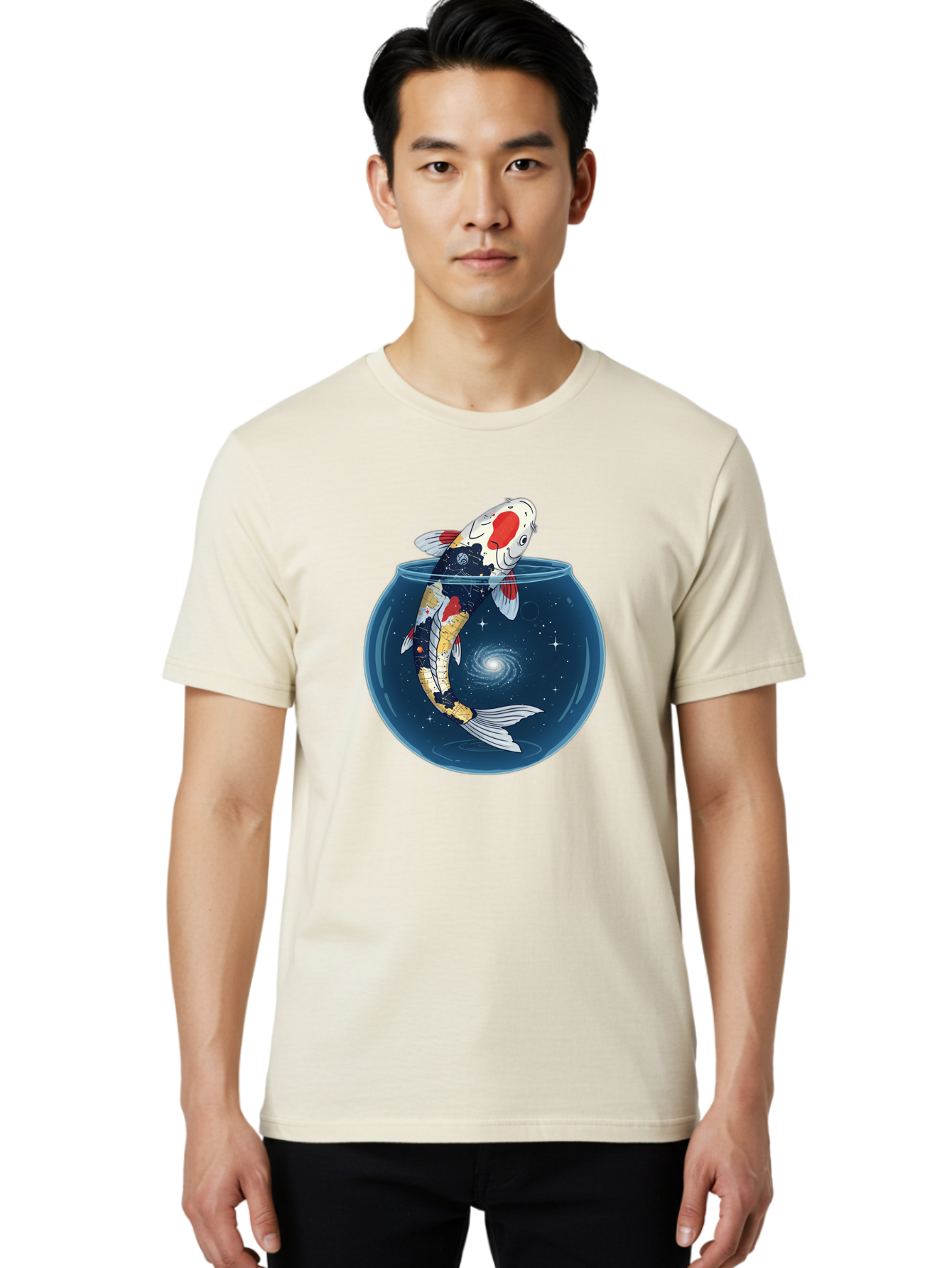 Koi-Fish-In-Galaxy-Bowl Men'S Graphic Tee, 100% Cotton, Comfortable Casual Summer Wear, Machine Washable, Vintage Camera, Old Camera, Antique Camera, Black Camera, Classic Photography, Photography Equipment, Nostalgic Device, Film Camera, Bak794