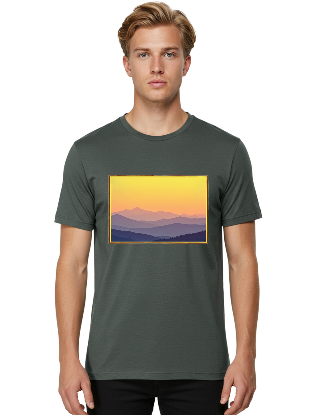 Layered-Mountains-At-Sunset Men'S Graphic Tee, 100% Cotton, Comfortable Casual Summer Wear, Machine Washable, Vintage Camera, Old Camera, Antique Camera, Black Camera, Classic Photography, Photography Equipment, Nostalgic Device, Film Camera, Bak802