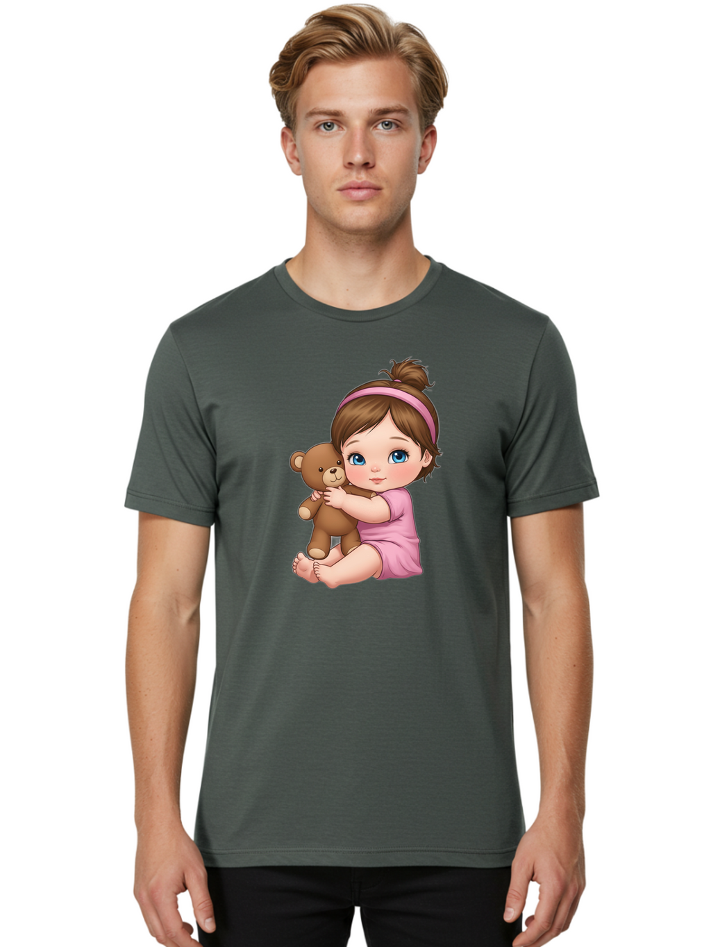 Little-Girl-Hugging-Teddy-Bear-1 Men'S Graphic Tee, 100% Cotton, Comfortable Casual Summer Wear, Machine Washable, Vintage Camera, Old Camera, Antique Camera, Black Camera, Classic Photography, Photography Equipment, Nostalgic Device, Bak819