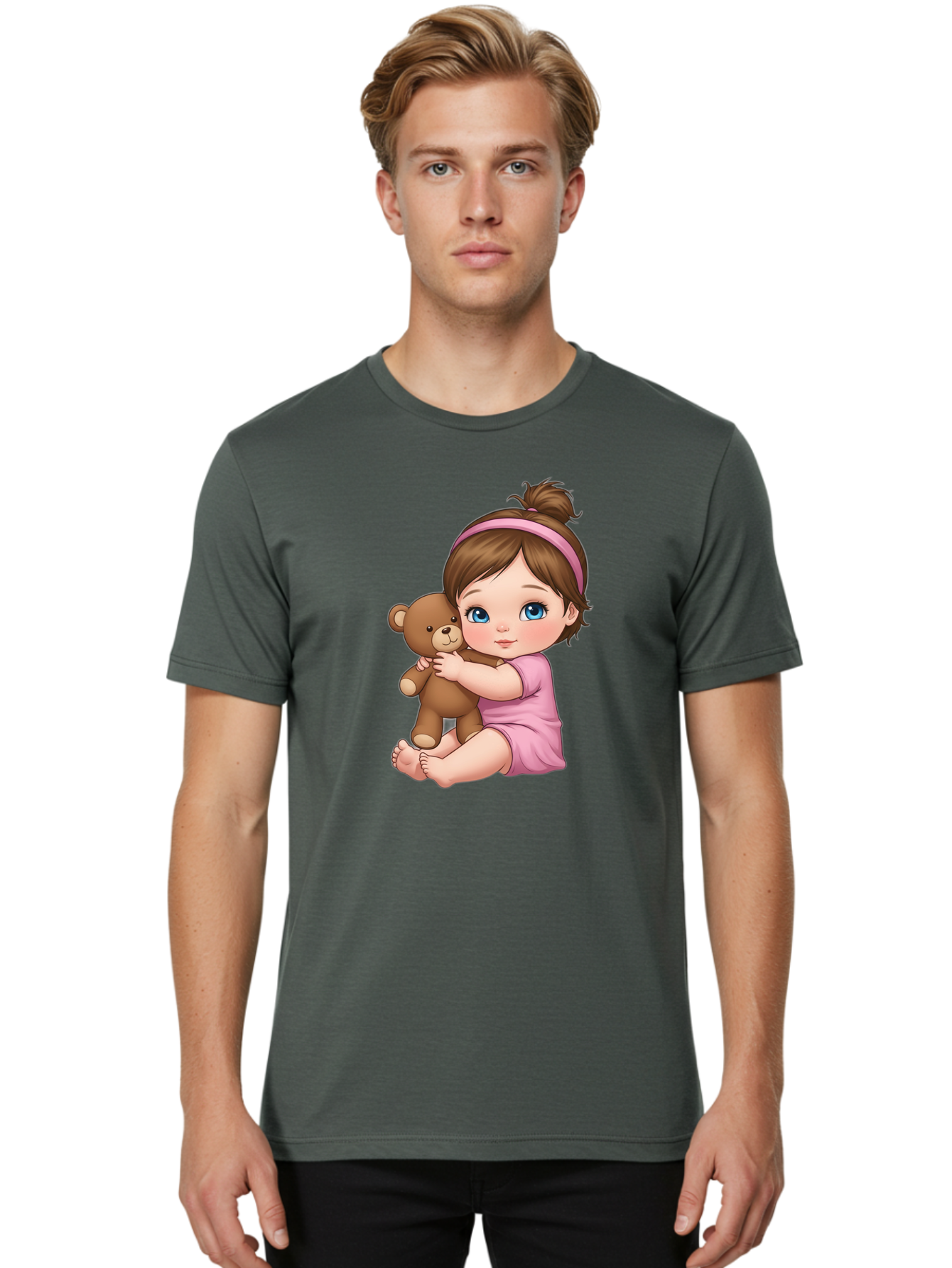 Little-Girl-Hugging-Teddy-Bear-1 Men'S Graphic Tee, 100% Cotton, Comfortable Casual Summer Wear, Machine Washable, Vintage Camera, Old Camera, Antique Camera, Black Camera, Classic Photography, Photography Equipment, Nostalgic Device, Bak819
