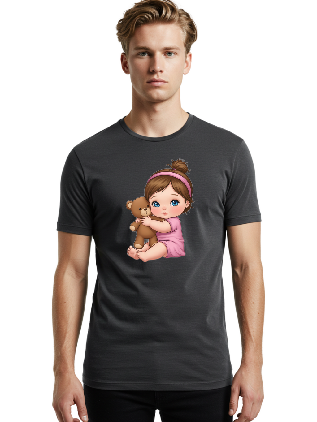 Little-Girl-Hugging-Teddy-Bear-1 Men'S Graphic Tee, 100% Cotton, Comfortable Casual Summer Wear, Machine Washable, Vintage Camera, Old Camera, Antique Camera, Black Camera, Classic Photography, Photography Equipment, Nostalgic Device, Bak819