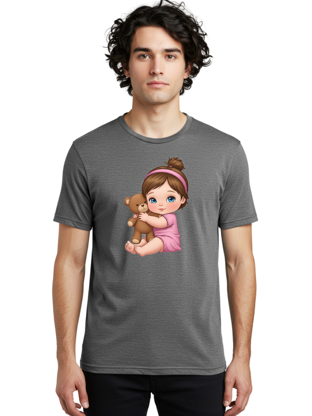 Little-Girl-Hugging-Teddy-Bear-1 Men'S Graphic Tee, 100% Cotton, Comfortable Casual Summer Wear, Machine Washable, Vintage Camera, Old Camera, Antique Camera, Black Camera, Classic Photography, Photography Equipment, Nostalgic Device, Bak819