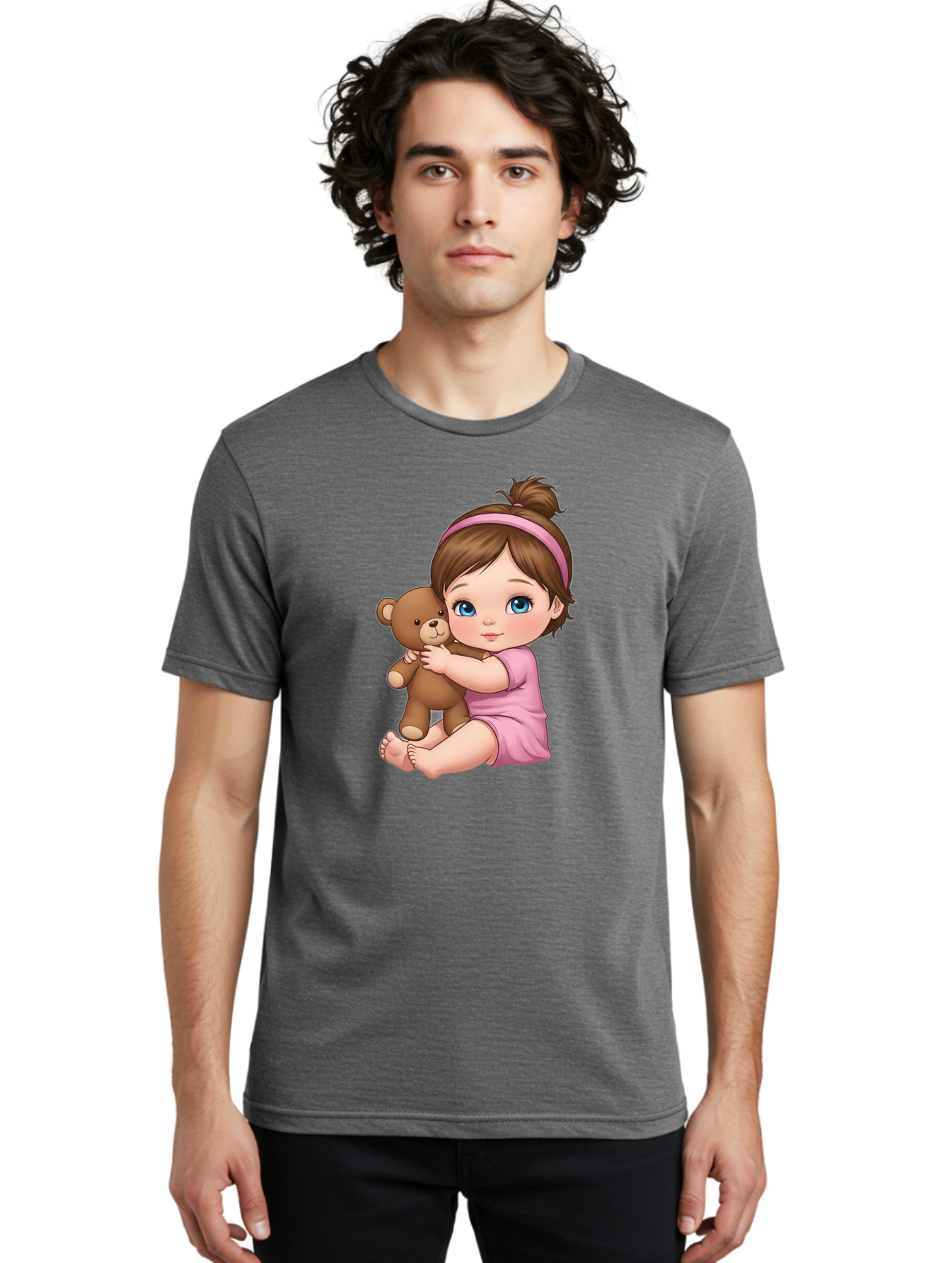 Little-Girl-Hugging-Teddy-Bear-1 Men'S Graphic Tee, 100% Cotton, Comfortable Casual Summer Wear, Machine Washable, Vintage Camera, Old Camera, Antique Camera, Black Camera, Classic Photography, Photography Equipment, Nostalgic Device, Bak819