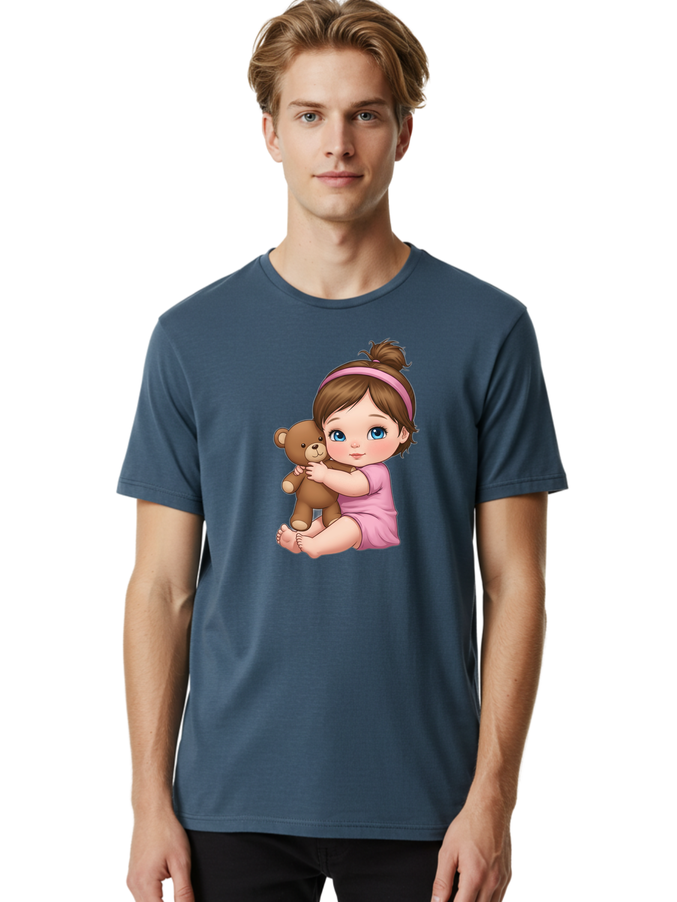 Little-Girl-Hugging-Teddy-Bear-1 Men'S Graphic Tee, 100% Cotton, Comfortable Casual Summer Wear, Machine Washable, Vintage Camera, Old Camera, Antique Camera, Black Camera, Classic Photography, Photography Equipment, Nostalgic Device, Bak819