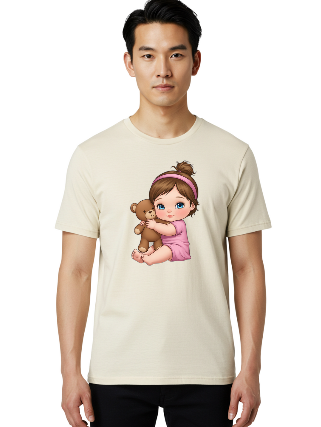 Little-Girl-Hugging-Teddy-Bear-1 Men'S Graphic Tee, 100% Cotton, Comfortable Casual Summer Wear, Machine Washable, Vintage Camera, Old Camera, Antique Camera, Black Camera, Classic Photography, Photography Equipment, Nostalgic Device, Bak819