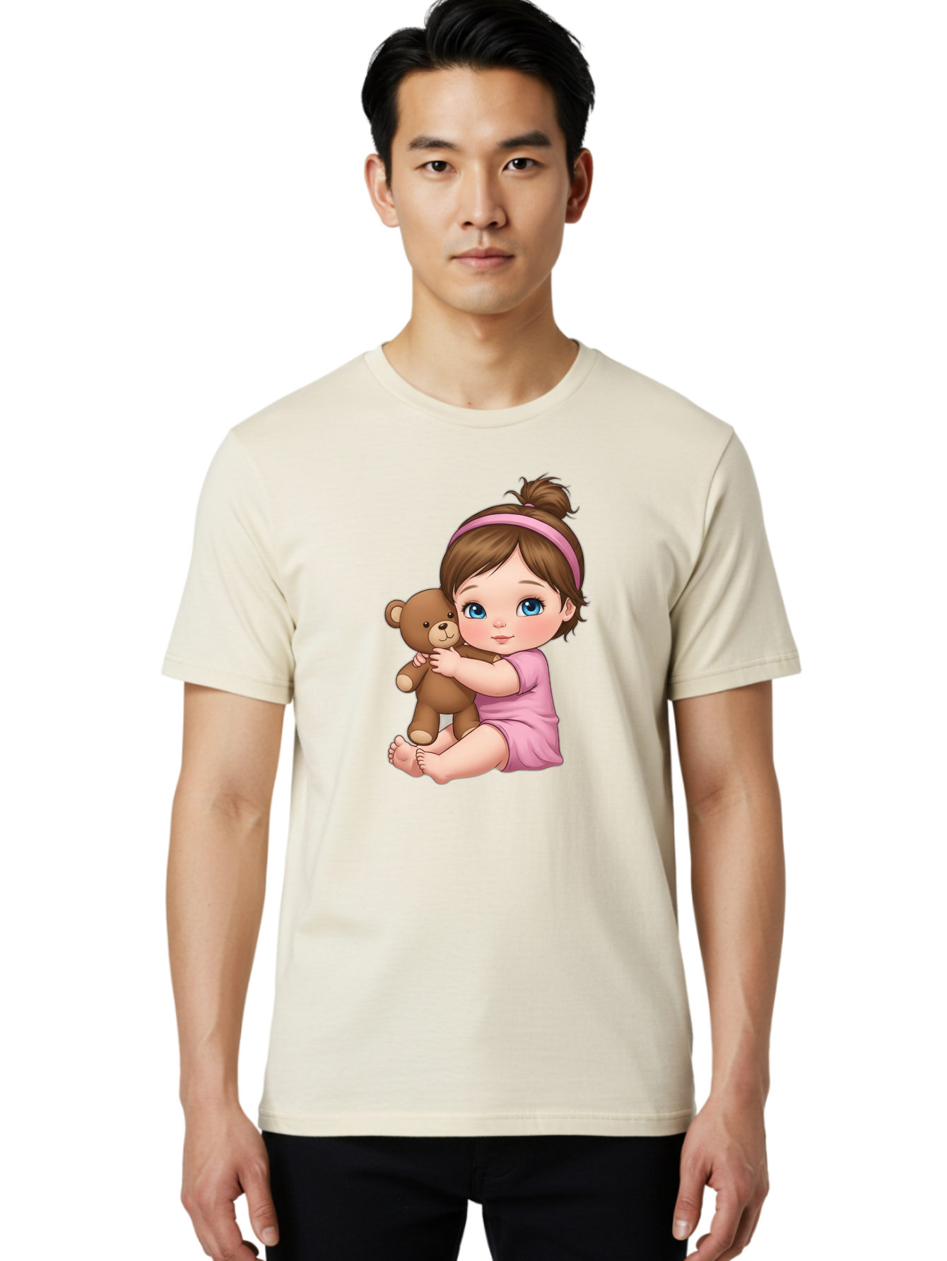 Little-Girl-Hugging-Teddy-Bear-1 Men'S Graphic Tee, 100% Cotton, Comfortable Casual Summer Wear, Machine Washable, Vintage Camera, Old Camera, Antique Camera, Black Camera, Classic Photography, Photography Equipment, Nostalgic Device, Bak819