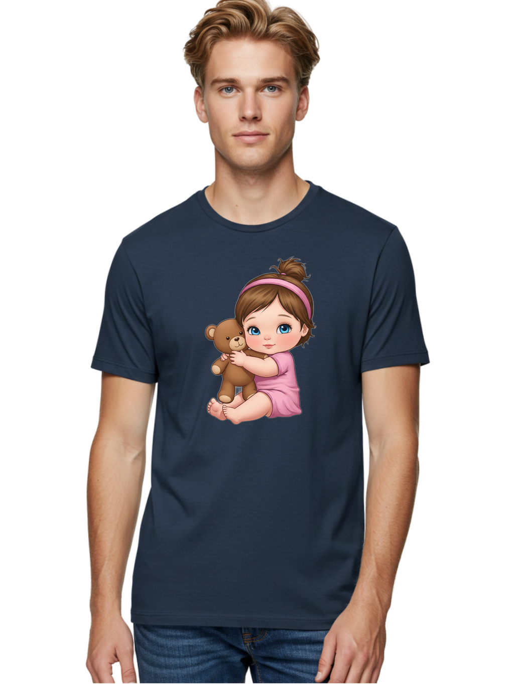 Little-Girl-Hugging-Teddy-Bear-1 Men'S Graphic Tee, 100% Cotton, Comfortable Casual Summer Wear, Machine Washable, Vintage Camera, Old Camera, Antique Camera, Black Camera, Classic Photography, Photography Equipment, Nostalgic Device, Bak819