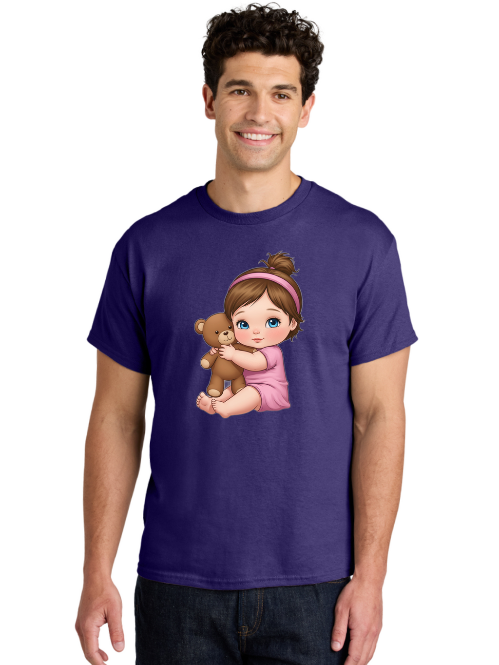 Little-Girl-Hugging-Teddy-Bear-1 Men'S Graphic Tee, 100% Cotton, Comfortable Casual Summer Wear, Machine Washable, Vintage Camera, Old Camera, Antique Camera, Black Camera, Classic Photography, Photography Equipment, Nostalgic Device, Bak819