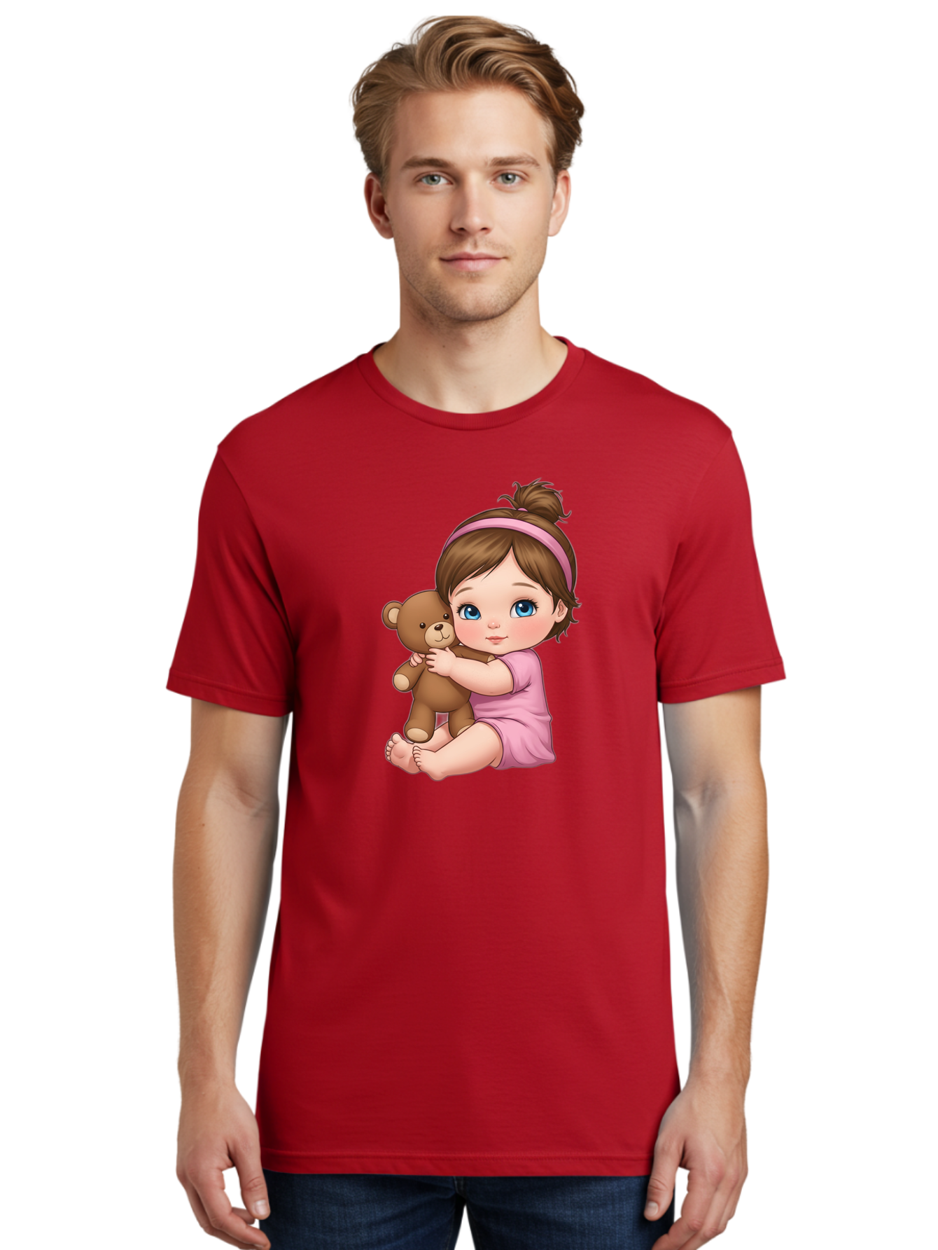 Little-Girl-Hugging-Teddy-Bear-1 Men'S Graphic Tee, 100% Cotton, Comfortable Casual Summer Wear, Machine Washable, Vintage Camera, Old Camera, Antique Camera, Black Camera, Classic Photography, Photography Equipment, Nostalgic Device, Bak819