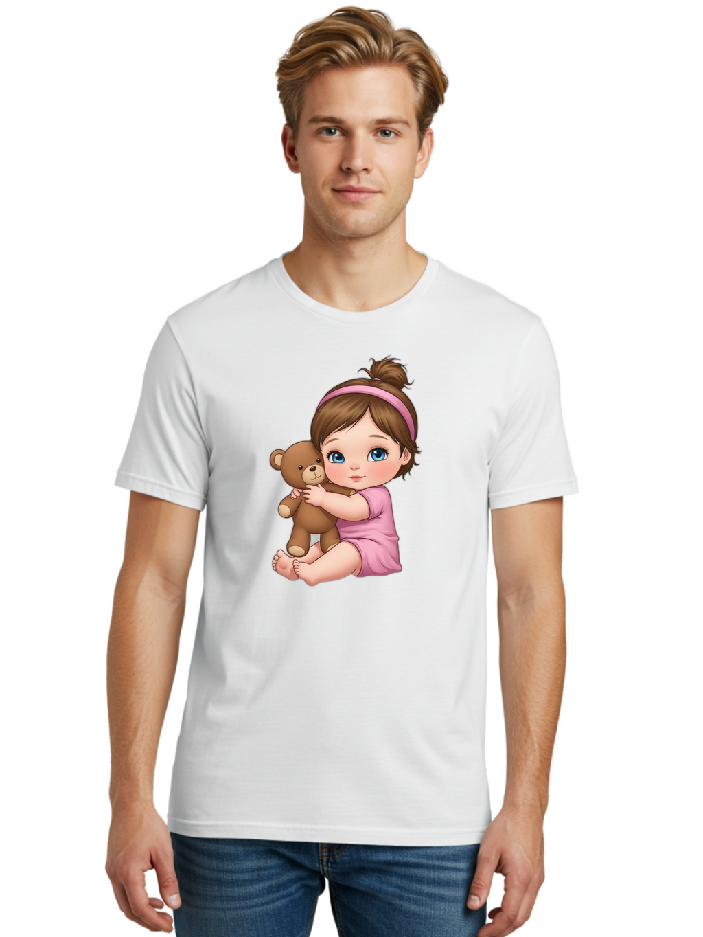 Little-Girl-Hugging-Teddy-Bear-1 Men'S Graphic Tee, 100% Cotton, Comfortable Casual Summer Wear, Machine Washable, Vintage Camera, Old Camera, Antique Camera, Black Camera, Classic Photography, Photography Equipment, Nostalgic Device, Bak819