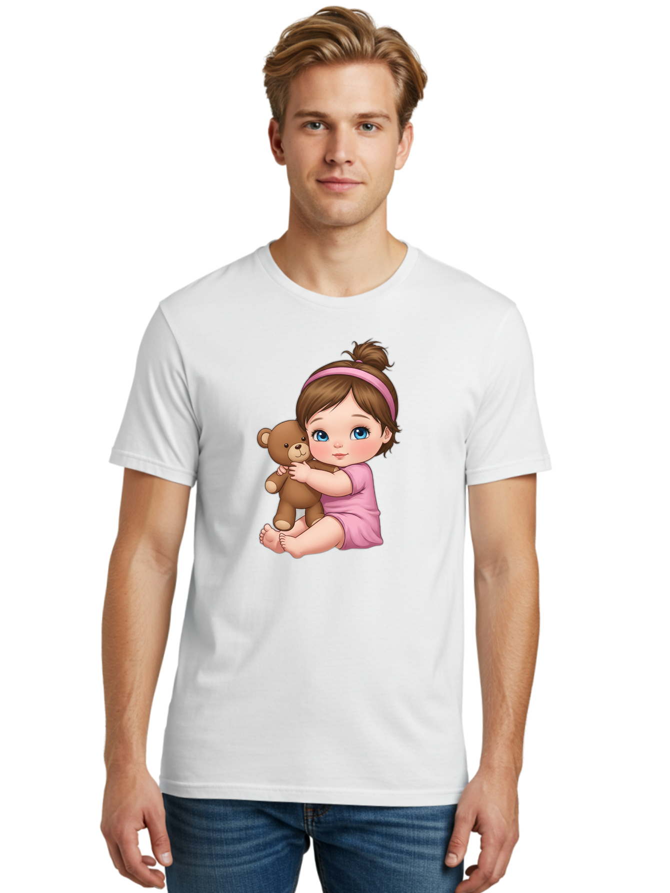 Little-Girl-Hugging-Teddy-Bear-1 Men'S Graphic Tee, 100% Cotton, Comfortable Casual Summer Wear, Machine Washable, Vintage Camera, Old Camera, Antique Camera, Black Camera, Classic Photography, Photography Equipment, Nostalgic Device, Bak819