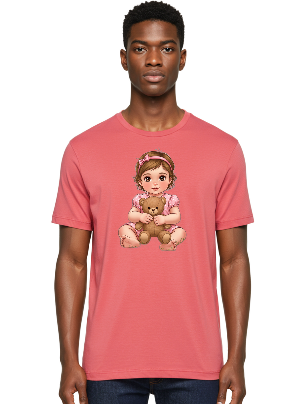 Little-Girl-Hugging-Teddy-Bear-2 Men'S Graphic Tee, 100% Cotton, Comfortable Casual Summer Wear, Machine Washable, Vintage Camera, Old Camera, Antique Camera, Black Camera, Classic Photography, Photography Equipment, Nostalgic Device, Bak820