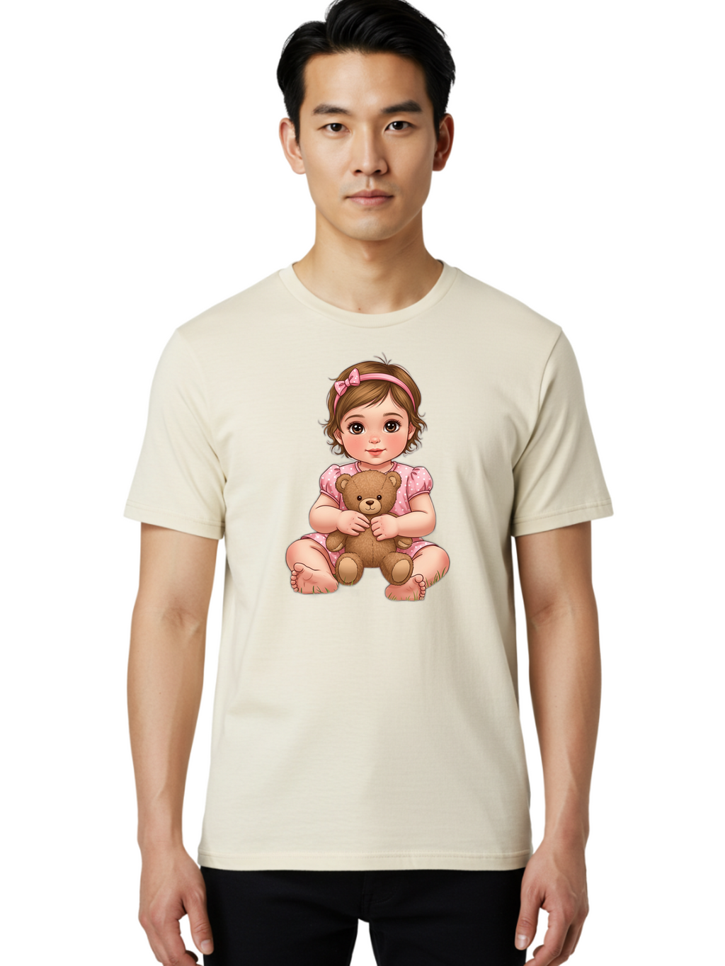 Little-Girl-Hugging-Teddy-Bear-2 Men'S Graphic Tee, 100% Cotton, Comfortable Casual Summer Wear, Machine Washable, Vintage Camera, Old Camera, Antique Camera, Black Camera, Classic Photography, Photography Equipment, Nostalgic Device, Bak820