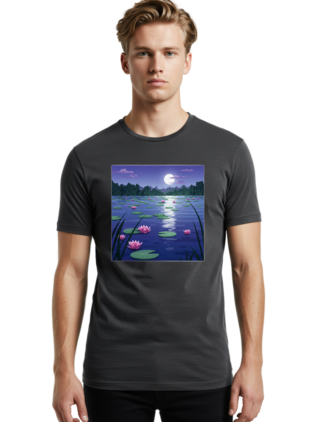 Lotus-Flowers-Under-Moonlight Men'S Graphic Tee, 100% Cotton, Comfortable Casual Summer Wear, Machine Washable, Vintage Camera, Old Camera, Antique Camera, Black Camera, Classic Photography, Photography Equipment, Nostalgic Device, Bak842