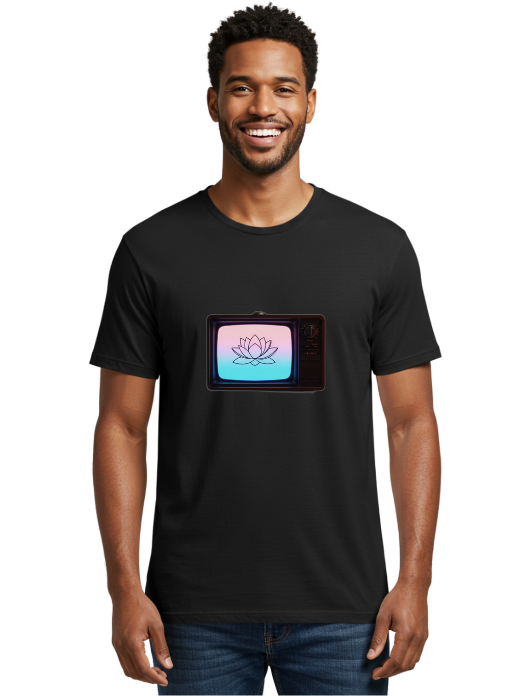 Lotus-On-Retro-Tv Men'S Graphic Tee, 100% Cotton, Comfortable Casual Summer Wear, Machine Washable, Vintage Camera, Old Camera, Antique Camera, Black Camera, Classic Photography, Photography Equipment, Nostalgic Device, Film Camera, Camera Art Bak844