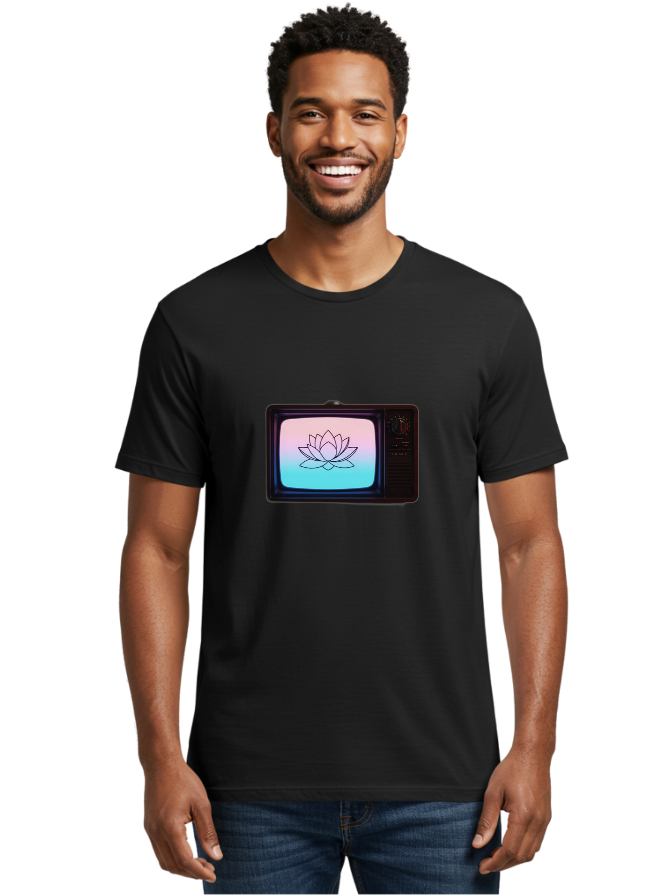 Lotus-On-Retro-Tv Men'S Graphic Tee, 100% Cotton, Comfortable Casual Summer Wear, Machine Washable, Vintage Camera, Old Camera, Antique Camera, Black Camera, Classic Photography, Photography Equipment, Nostalgic Device, Film Camera, Camera Art Bak844