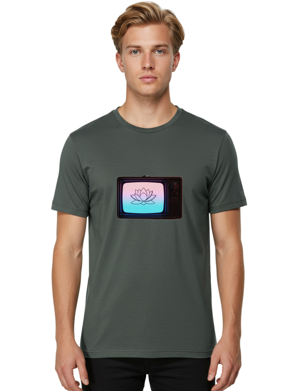 Lotus-On-Retro-Tv Men'S Graphic Tee, 100% Cotton, Comfortable Casual Summer Wear, Machine Washable, Vintage Camera, Old Camera, Antique Camera, Black Camera, Classic Photography, Photography Equipment, Nostalgic Device, Film Camera, Camera Art Bak844