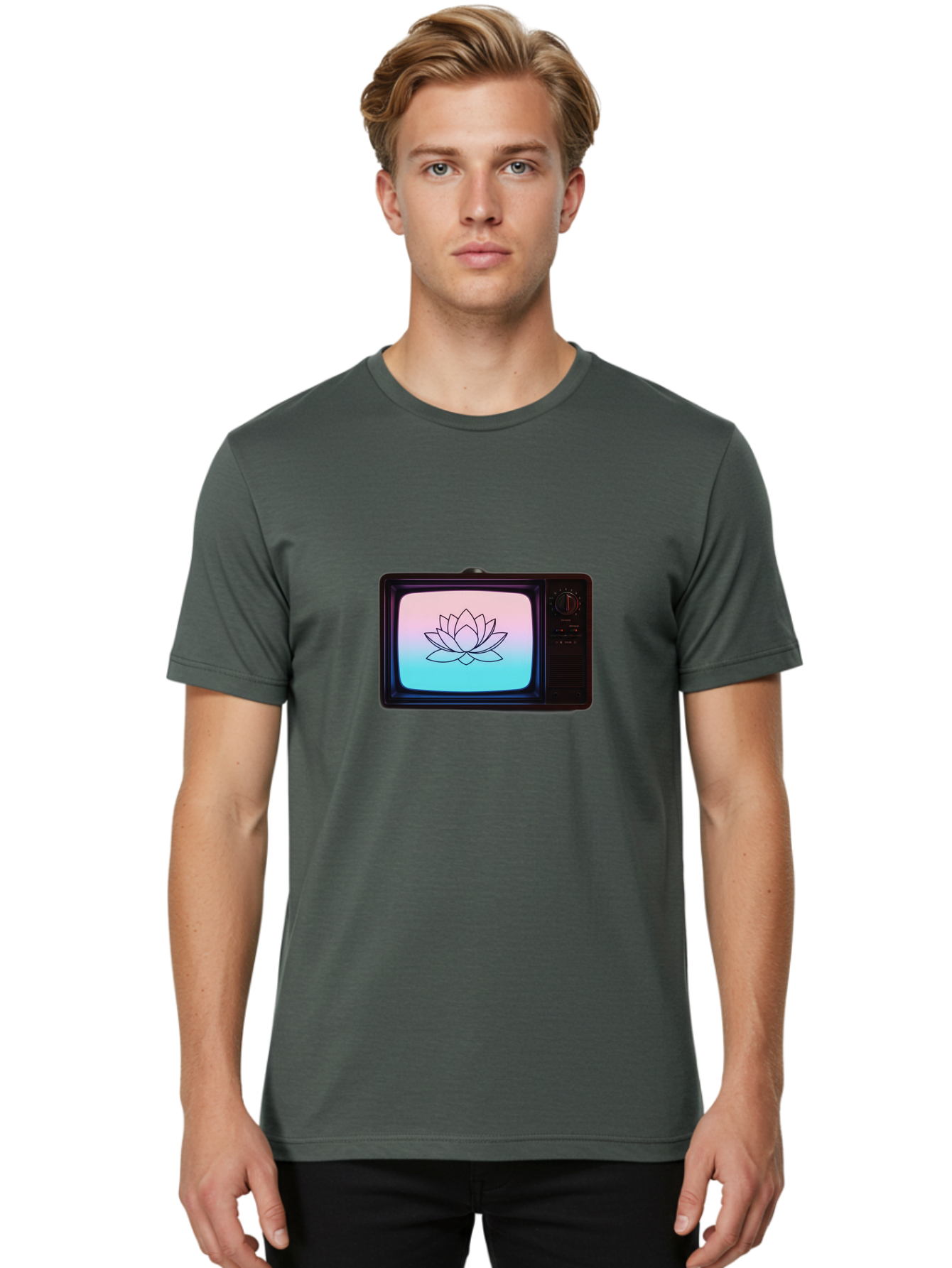 Lotus-On-Retro-Tv Men'S Graphic Tee, 100% Cotton, Comfortable Casual Summer Wear, Machine Washable, Vintage Camera, Old Camera, Antique Camera, Black Camera, Classic Photography, Photography Equipment, Nostalgic Device, Film Camera, Camera Art Bak844
