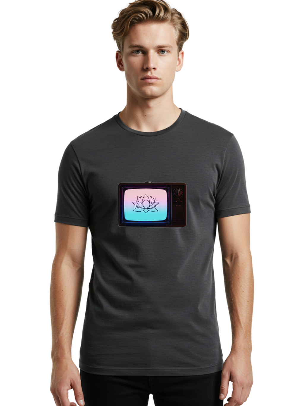 Lotus-On-Retro-Tv Men'S Graphic Tee, 100% Cotton, Comfortable Casual Summer Wear, Machine Washable, Vintage Camera, Old Camera, Antique Camera, Black Camera, Classic Photography, Photography Equipment, Nostalgic Device, Film Camera, Camera Art Bak844