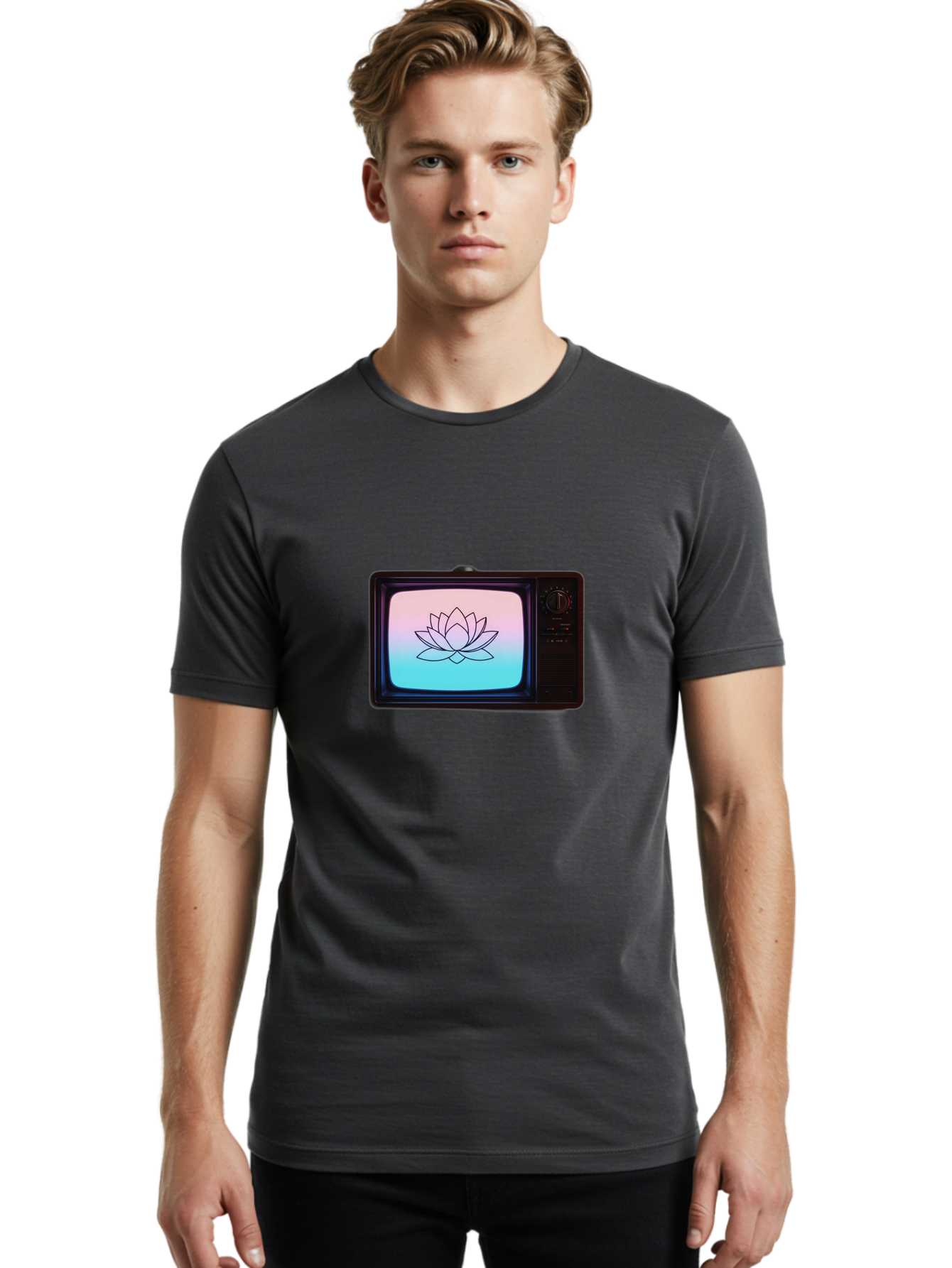 Lotus-On-Retro-Tv Men'S Graphic Tee, 100% Cotton, Comfortable Casual Summer Wear, Machine Washable, Vintage Camera, Old Camera, Antique Camera, Black Camera, Classic Photography, Photography Equipment, Nostalgic Device, Film Camera, Camera Art Bak844