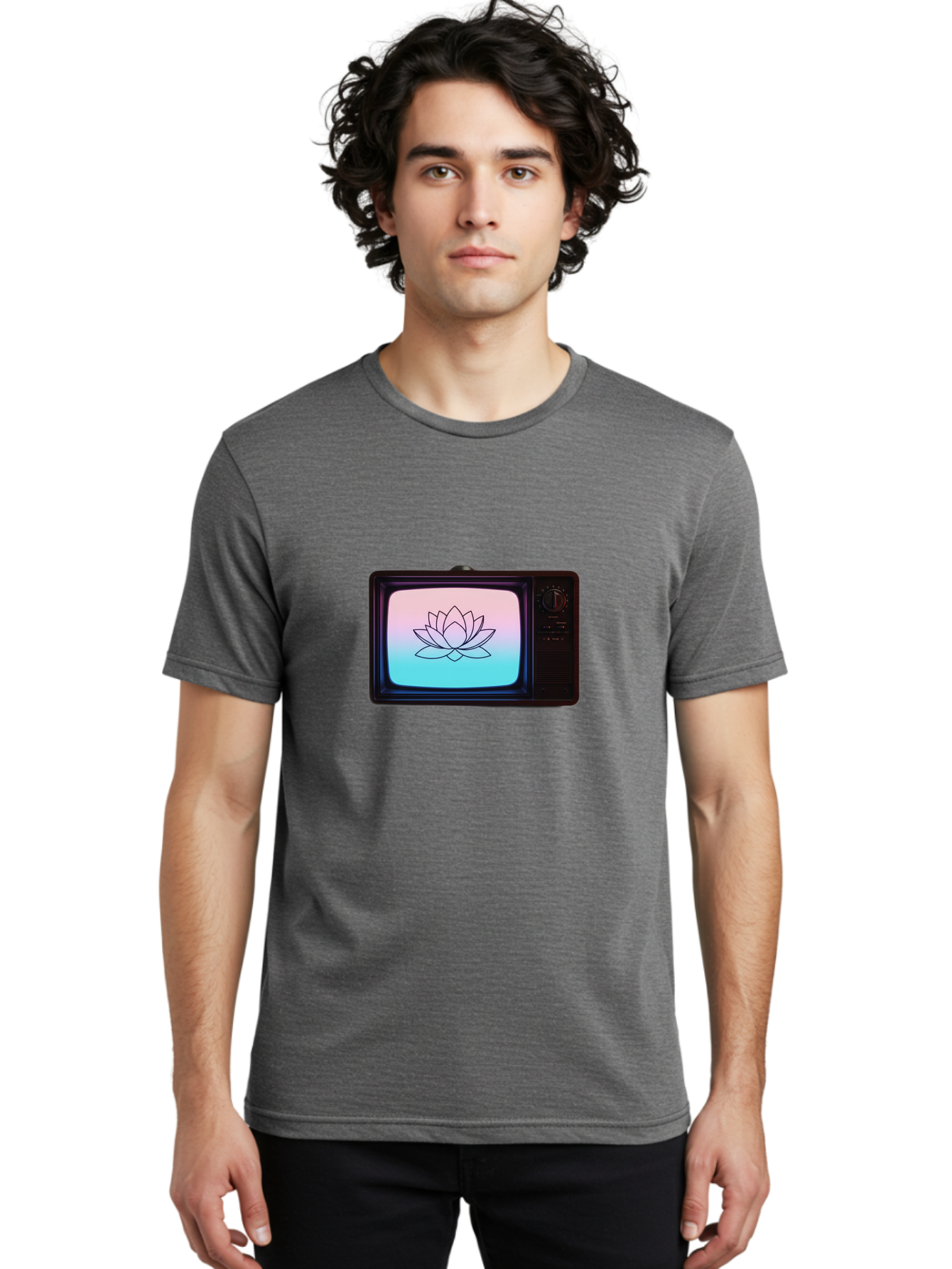 Lotus-On-Retro-Tv Men'S Graphic Tee, 100% Cotton, Comfortable Casual Summer Wear, Machine Washable, Vintage Camera, Old Camera, Antique Camera, Black Camera, Classic Photography, Photography Equipment, Nostalgic Device, Film Camera, Camera Art Bak844
